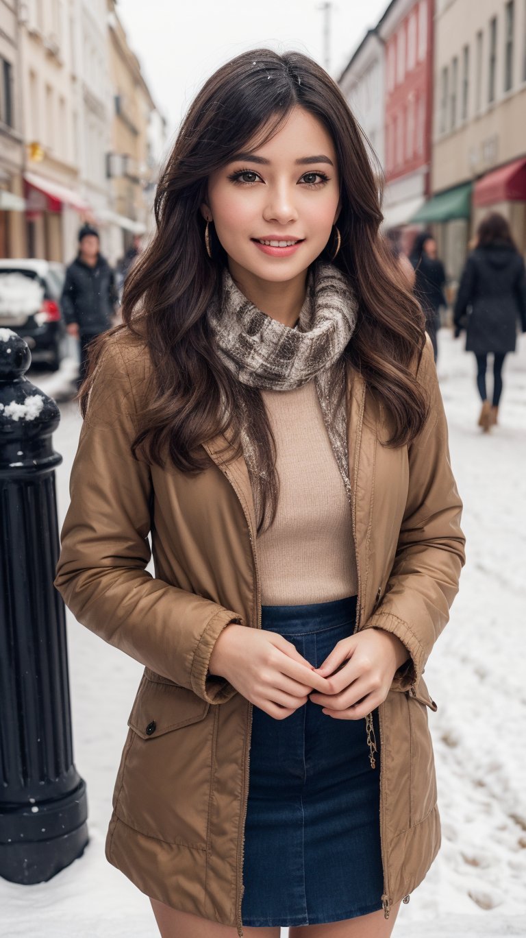 Beautiful and delicate light, (beautiful and delicate eyes), pale skin, big smile, (brown eyes), (black long hair), dreamy, medium chest, woman 1, (front shot), japen girl, bangs, soft expression, height 170, elegance, bright smile, 8k art photo, realistic concept art, realistic, portrait, necklace, small earrings, handbag, fantasy, jewelry, shyness, skirt, winter down parka, scarf, snowy street, footprints,Future girl, kama-yi, (kama-yi)