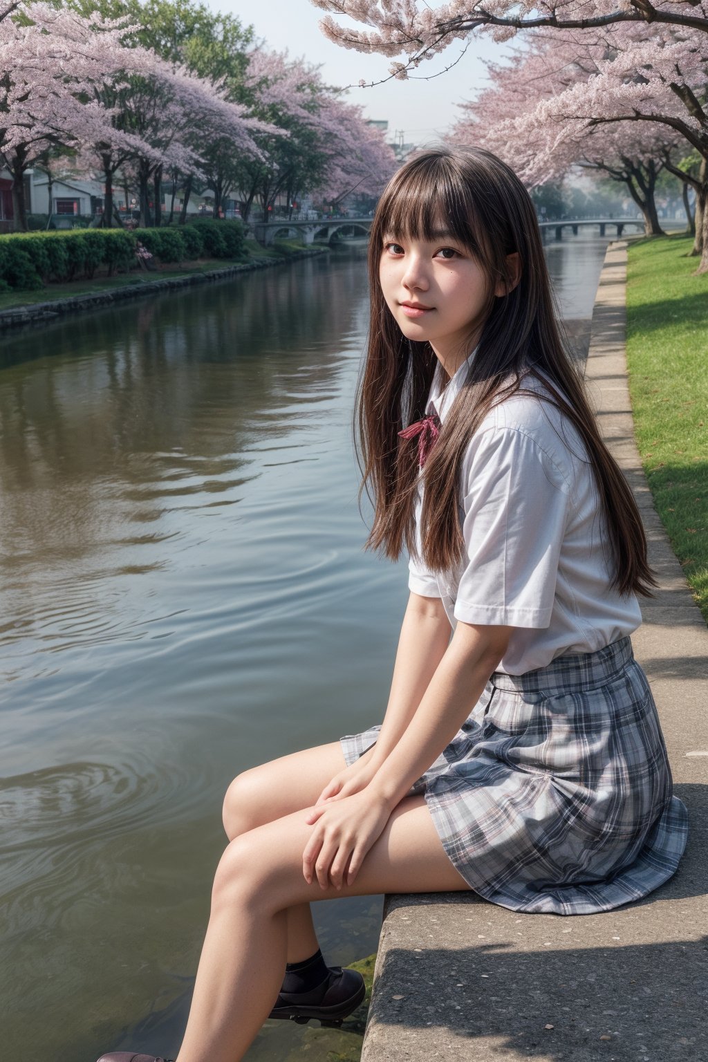 masterpiece,best quality,realistic,(realskin:1.5),1girl,outdoor,low_key,longhair,parted bangs,cherry blossoms,(river:1.2),school uniform,sitting,softlight,fog,smoky,,