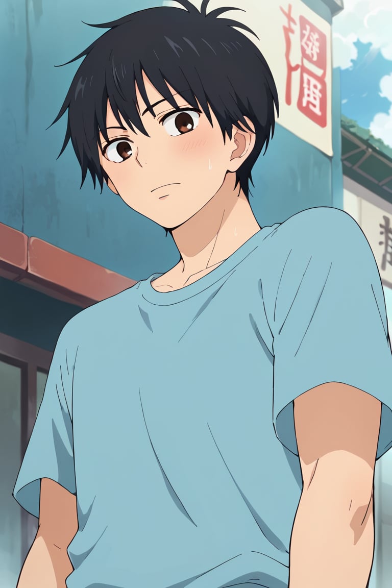 score_9, score_8_up, score_7_up, score_6_up, score_5_up, score_4_up, source_anime, (anime screencap:0.2), BREAK, 1boy, male focus, solo, kazehaya_shouta, black hair, brown eyes, looking at viewer, outdoors, from below, groin, hairy public hair, close up, upper body, shirt