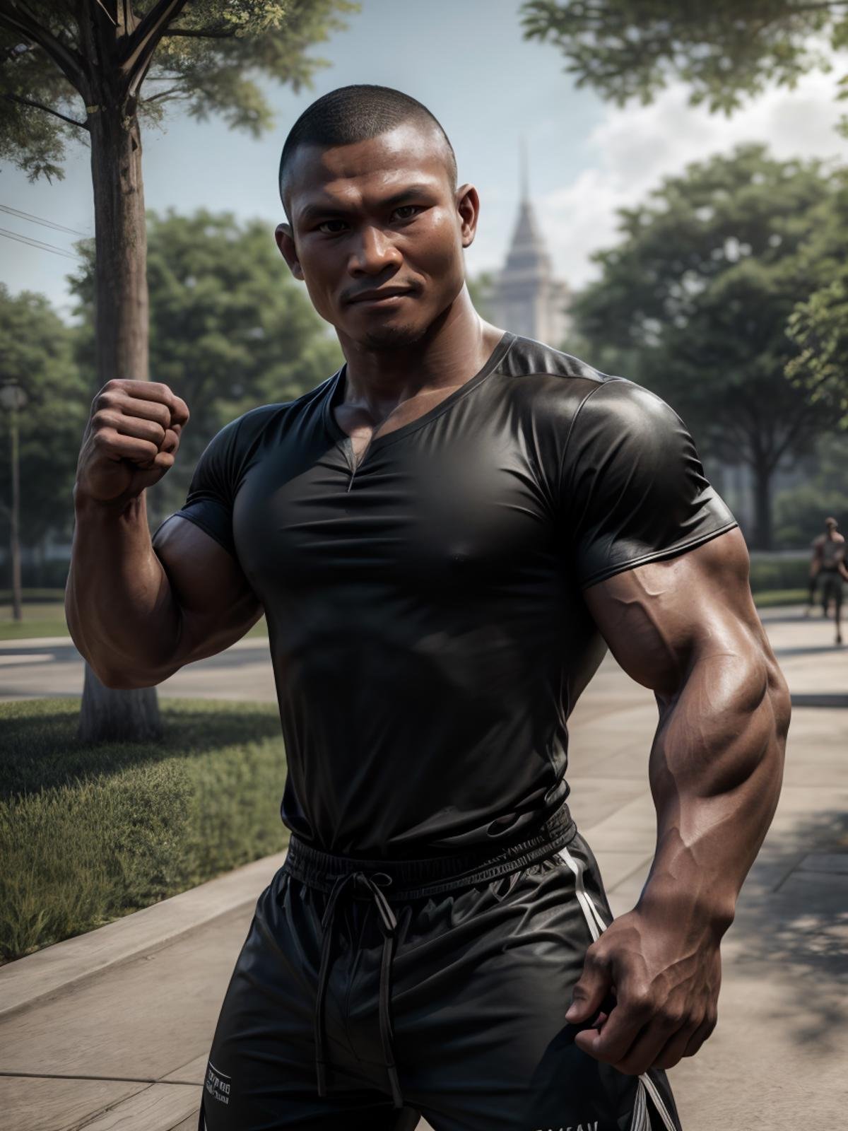 ultra realistic, unreal engine 5, anatomically correct, detailed eyes, detailed face, black eyes, male focus, solo, buakaw, buakaw banchamek, very dark skin, dark-skinned male, muscular, buzz cut, ((shirt)), smirk, fighting stance, clenched hands, park, upper body,<lora:Add More Details:0.8> <lora:Buakaw Banchamek H5:1>