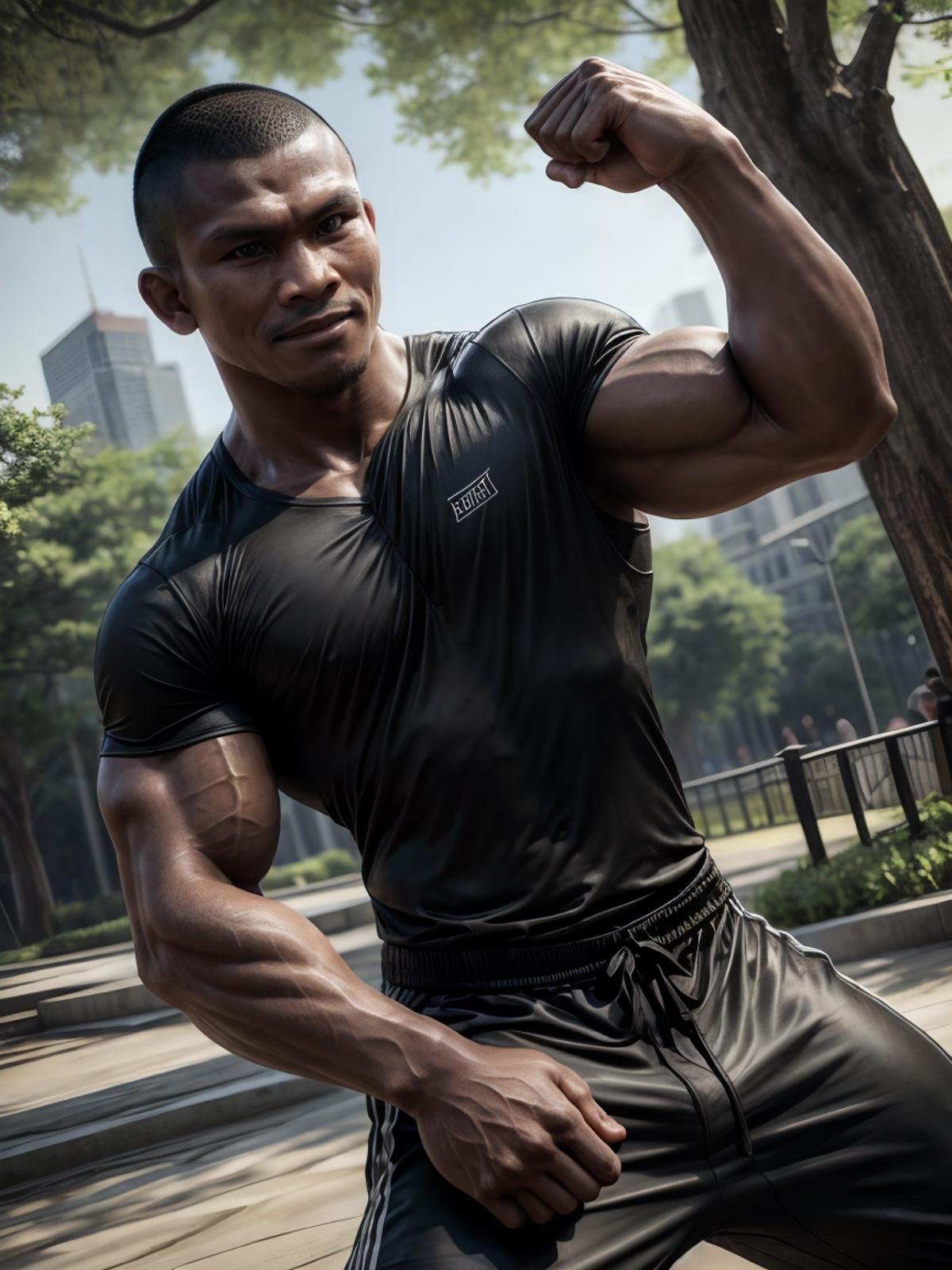 ultra realistic, unreal engine 5, anatomically correct, detailed eyes, detailed face, black eyes, male focus, solo, buakaw, buakaw banchamek, very dark skin, dark-skinned male, muscular, buzz cut, ((shirt)), smirk, fighting stance, clenched hands, park, upper body,<lora:Add More Details:0.8> <lora:Buakaw Banchamek H5:1>