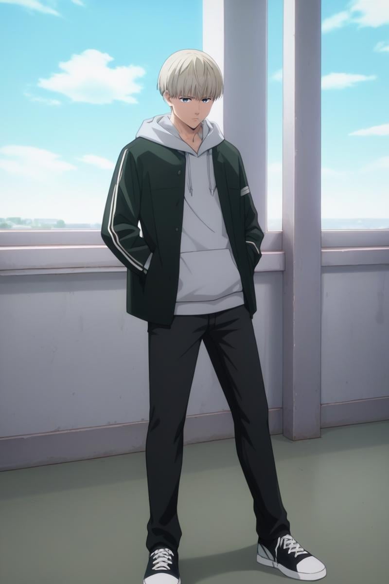 score_9, score_8_up, score_7_up, score_6_up, detailed, intricate details,cowboy shot,best quality ,source_anime, male focus,ren kaji, blonde hair, blue eyes, 1boy, male focus, solo, sky, hoodie, hood, shoes, cloud, day, sneakers, pants, jacket, hood down, blue sky, black pants, short hair, open clothes<lora:EMS-406879-EMS:1.000000>