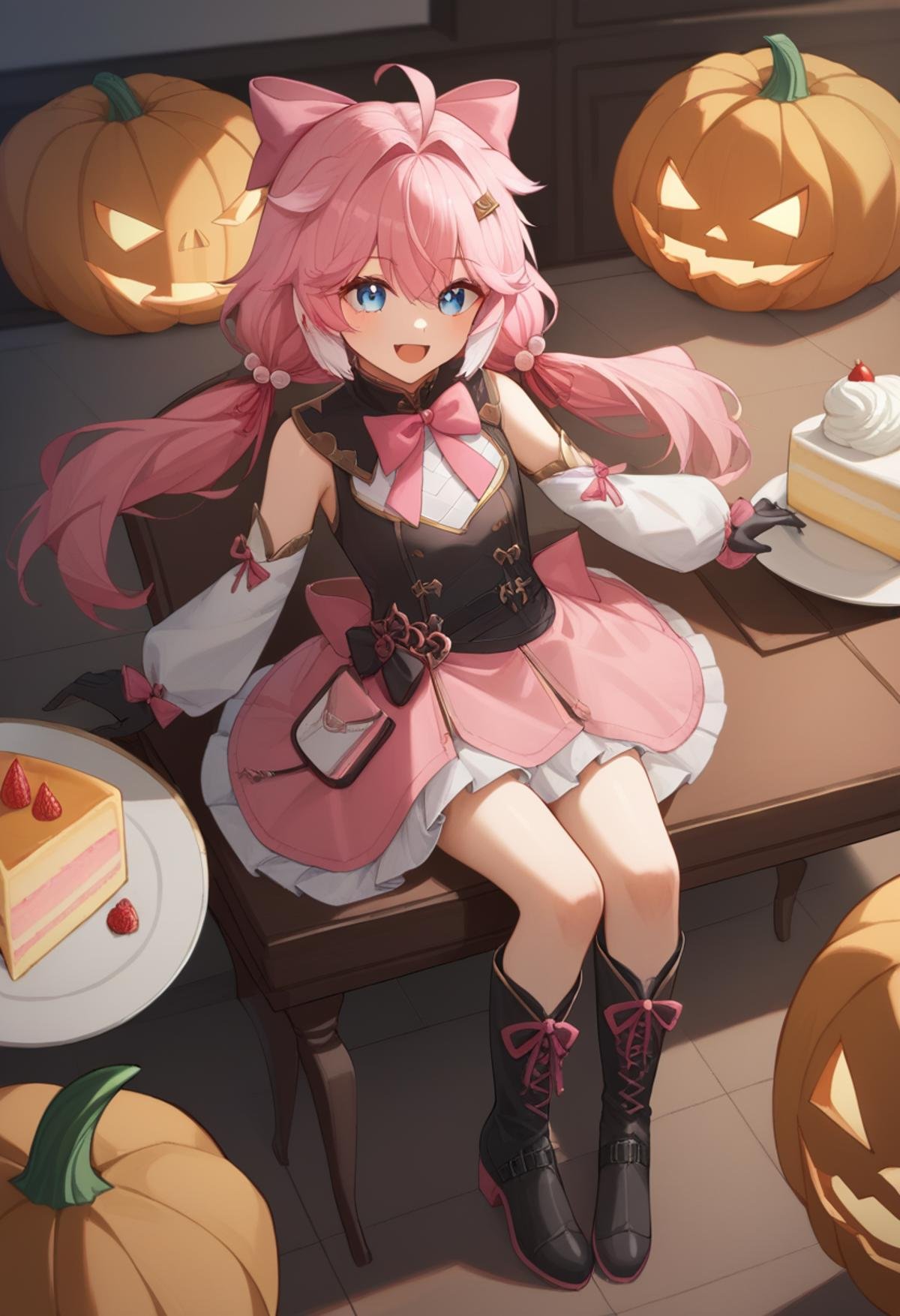 score_9,score_8_up,score_7_up,<lora:encore_(wuthering_waves):1>,encore_(wuthering_waves),1girl,pink_hair,solo,long_hair,open_mouth,low_twintails,looking_at_viewer,cake,sitting,chair,smile,black_gloves,hair_bow,ahoge,ghost,hair_ornament,black_footwear,virtual_youtuber,blue_eyes,boots,long_sleeves,table,dress,holding,pink_bowtie,detached_sleeves,pumpkin,hair_between_eyes,pink_skirt,white_sleeves,