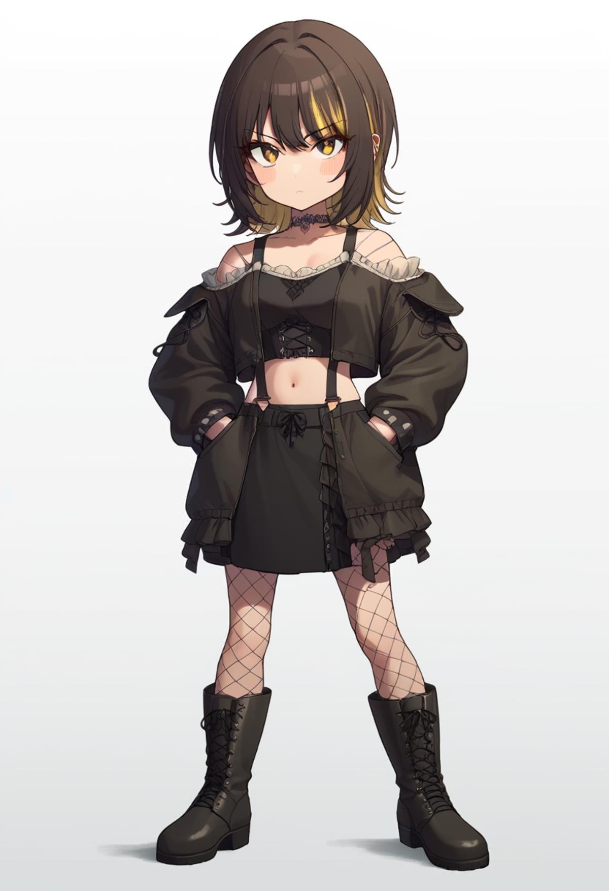 score_9,score_8_up,score_7_up,<lora:ikaruga_luca_pony:1>,looking_at_viewer, white_background, eyelashes, crop_top, black_skirt, black_shirt, fishnet_pantyhose, dot_nose, hands_in_pockets, navel, sidelocks, unworn_jacket, ikaruga_luca, 1girl, full_body, blush_stickers, midriff, animal_print, long_sleeves, solo, chibi, black_jacket, boots, choker, serious, jacket_over_shoulder