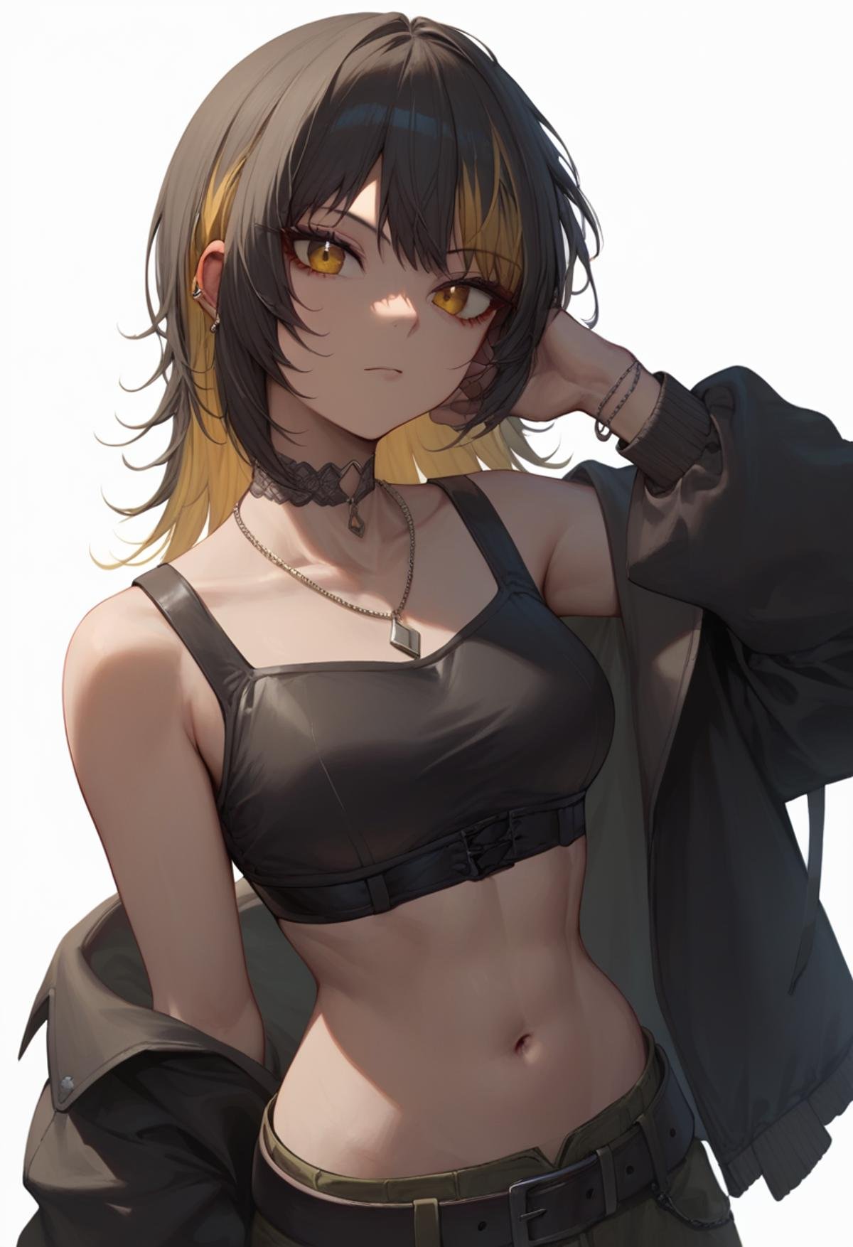 score_9,score_8_up,score_7_up,<lora:ikaruga_luca_pony:1>,1girl, looking_at_viewer, upper_body, white_background, crop_top, necklace, midriff, ear_piercing, black_jacket, ikaruga_luca, navel, choker, solo