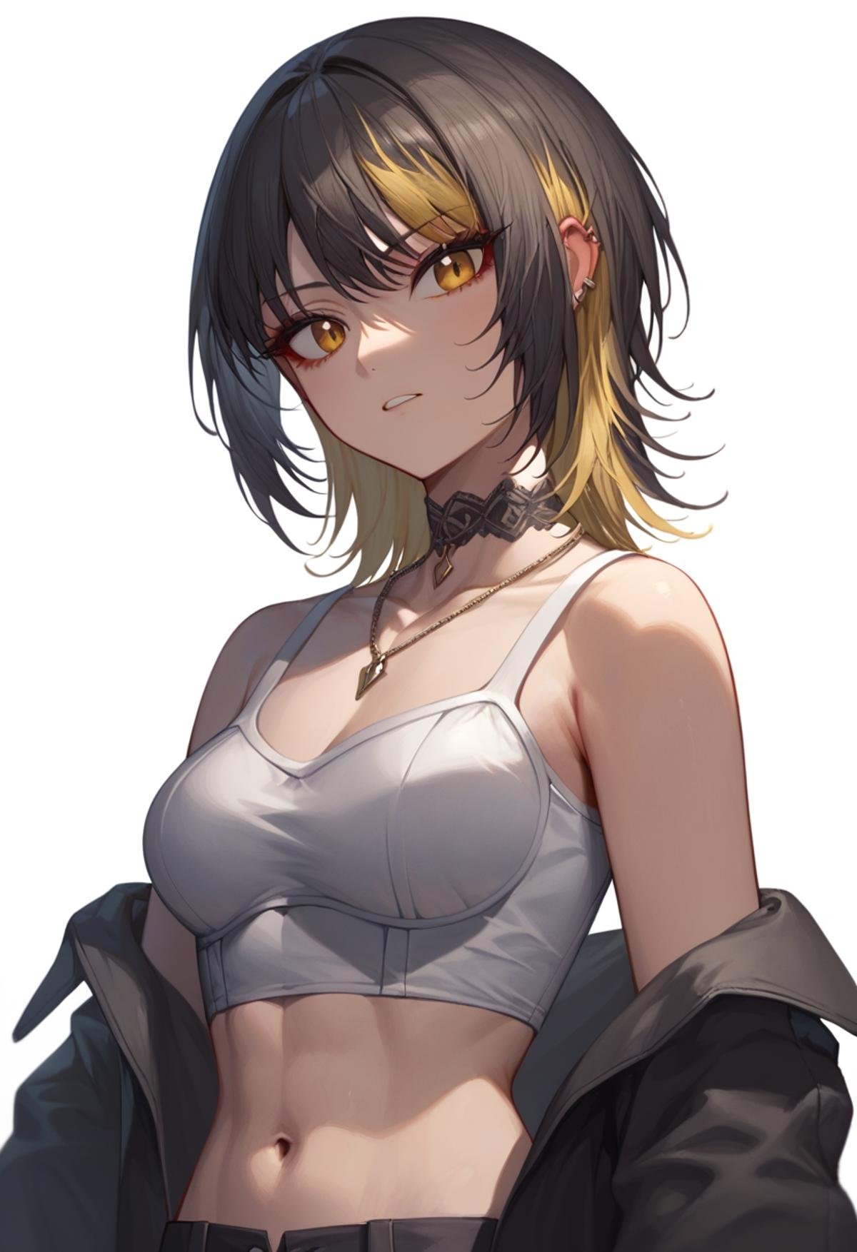 score_9,score_8_up,score_7_up,<lora:ikaruga_luca_pony:1>,1girl, looking_at_viewer, upper_body, white_background, crop_top, necklace, midriff, ear_piercing, black_jacket, ikaruga_luca, navel, choker, solo