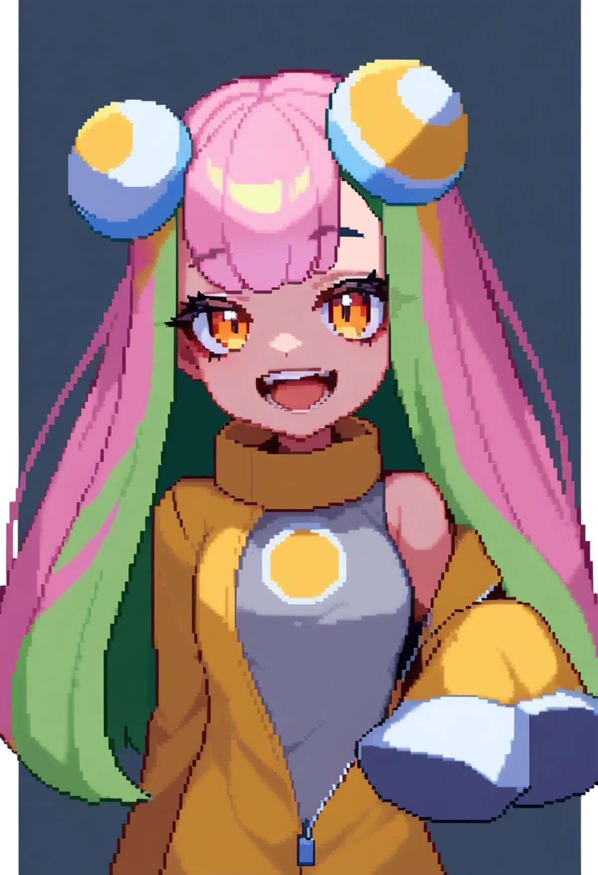 masterpiece,best quality,very aesthetic,absurdres,<lora:pixel_art_v5:1>1girl, border, character_hair_ornament, commentary_request, eyelashes, green_hair, grey_shirt, hair_ornament, highres, iono_\(pokemon\), jacket, long_hair, multicolored_hair, open_mouth, outside_border, pink_hair, pixel_art, shirt, sleeveless, sleeveless_shirt, sleeves_past_fingers, sleeves_past_wrists, smile, solo, teeth, two-tone_hair, white_border, yellow_jacket