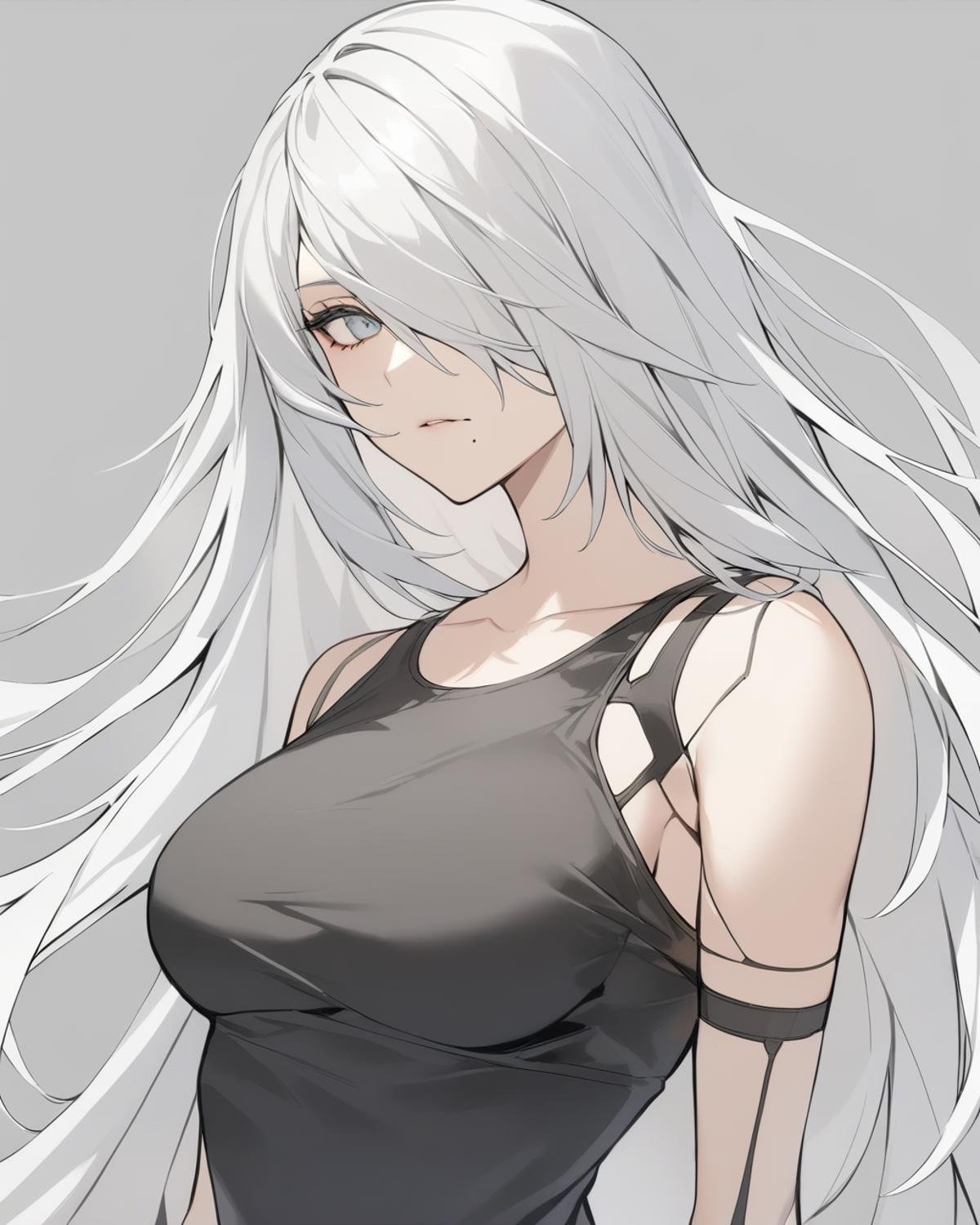 masterpiece,best quality,<lora:a2:1>,tank_top, 1girl, science_fiction, upper_body, mole_under_mouth, highres, a2_\(nier:automata\), robot, solo, expressionless, grey_background, hair_over_one_eye, white_outline, android