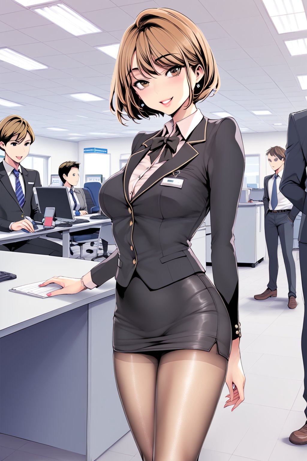 ( shy, smile)   , working , at office , beautiful office ,  in public ,  (elegant modest  outfit  : 1.1)   , ( sheer )  , skintight , pantyhose , 
BREAK , 
score_9, score_8_up, score_7_up, score_6, score_5, score_4, ( masterpiece , ultra Detailed  ) 
 ,nasoridef , brown eyes , short hair , brown hair   , 
pastel color , 