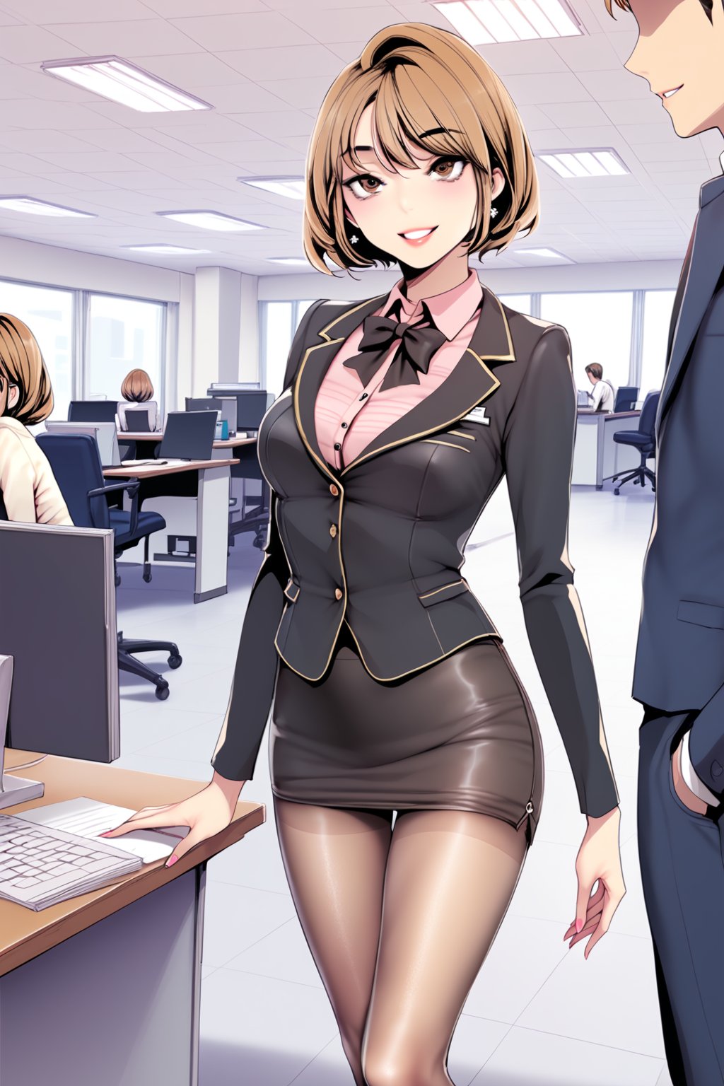 ( shy, smile)   , working , at office , beautiful office ,  in public ,  (elegant modest  outfit  : 1.1) , pantyhose , 
BREAK , 
score_9, score_8_up, score_7_up, score_6, score_5, score_4, ( masterpiece , ultra Detailed  ) 
 ,nasoridef , brown eyes , short hair , brown hair   , 
pastel color , 