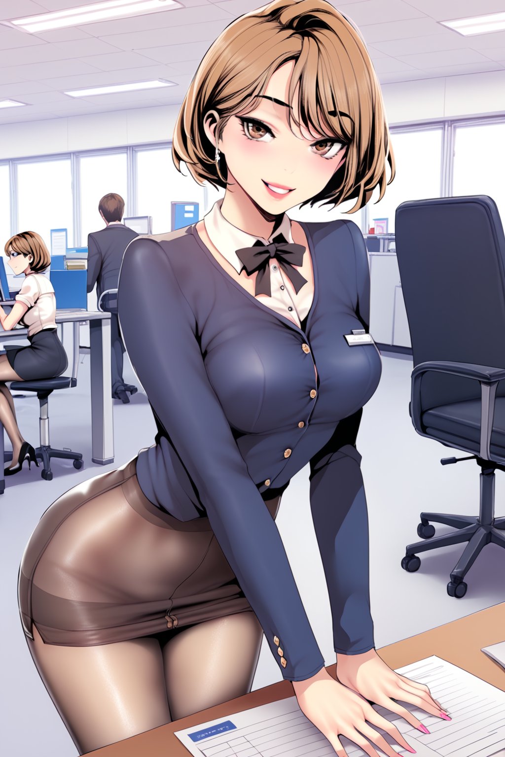 ( shy, smile)   , working , at office , beautiful office ,  in public ,  (elegant modest  outfit  : 1.1) , pantyhose , 
BREAK , 
score_9, score_8_up, score_7_up, score_6, score_5, score_4, ( masterpiece , ultra Detailed  ) 
 ,nasoridef , brown eyes , short hair , brown hair   , 
pastel color , 