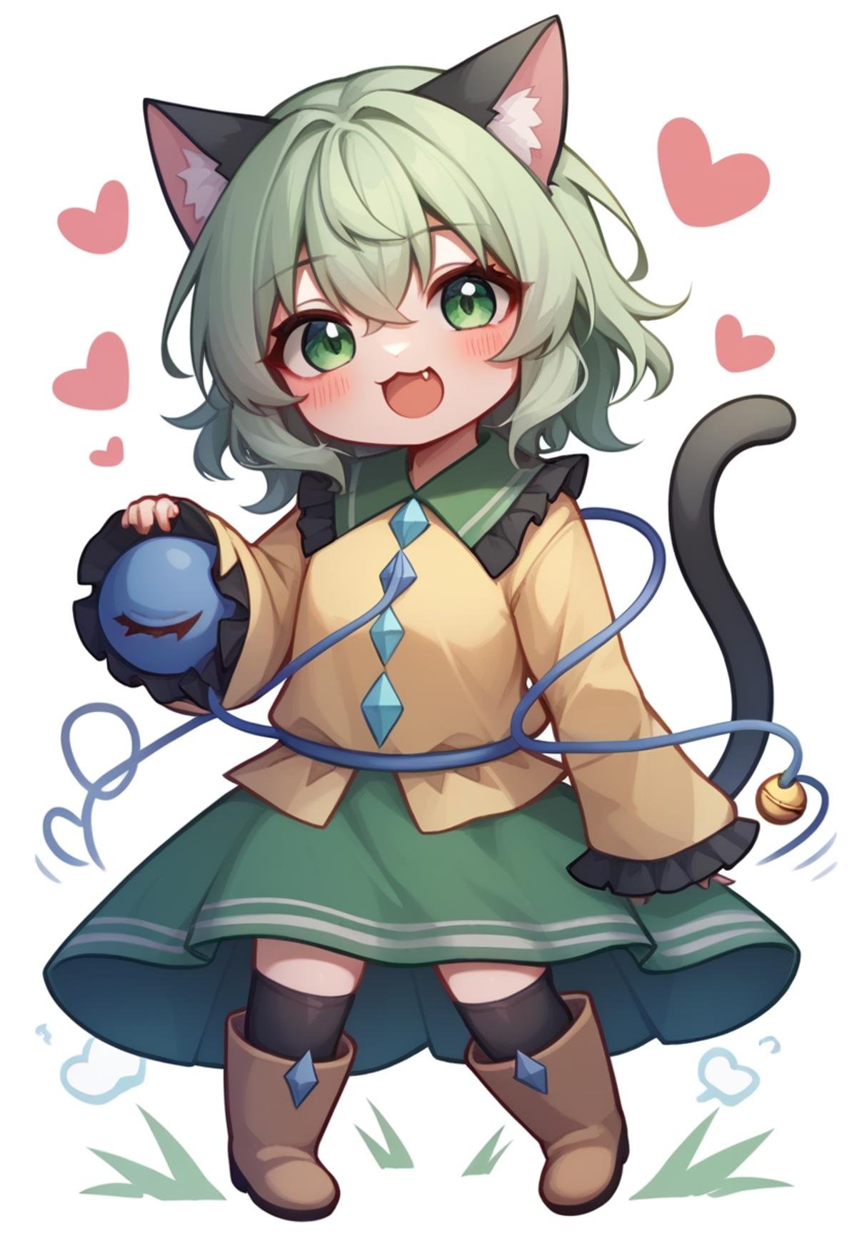 score_9,score_8_up,score_7_up,<lora:komeiji_koishi:1>,1girl,black_thighhighs,blush,boots,cat_ears,cat_girl,cat_tail,chibi,diamond_button,fang_out,frilled_shirt_collar,frilled_sleeves,green_eyes,green_skirt,green_hair,heart_in_eye,komeiji_koishi,motion_lines,open_mouth,paw_print,solo,third_eye,white_background,yellow_sweater,