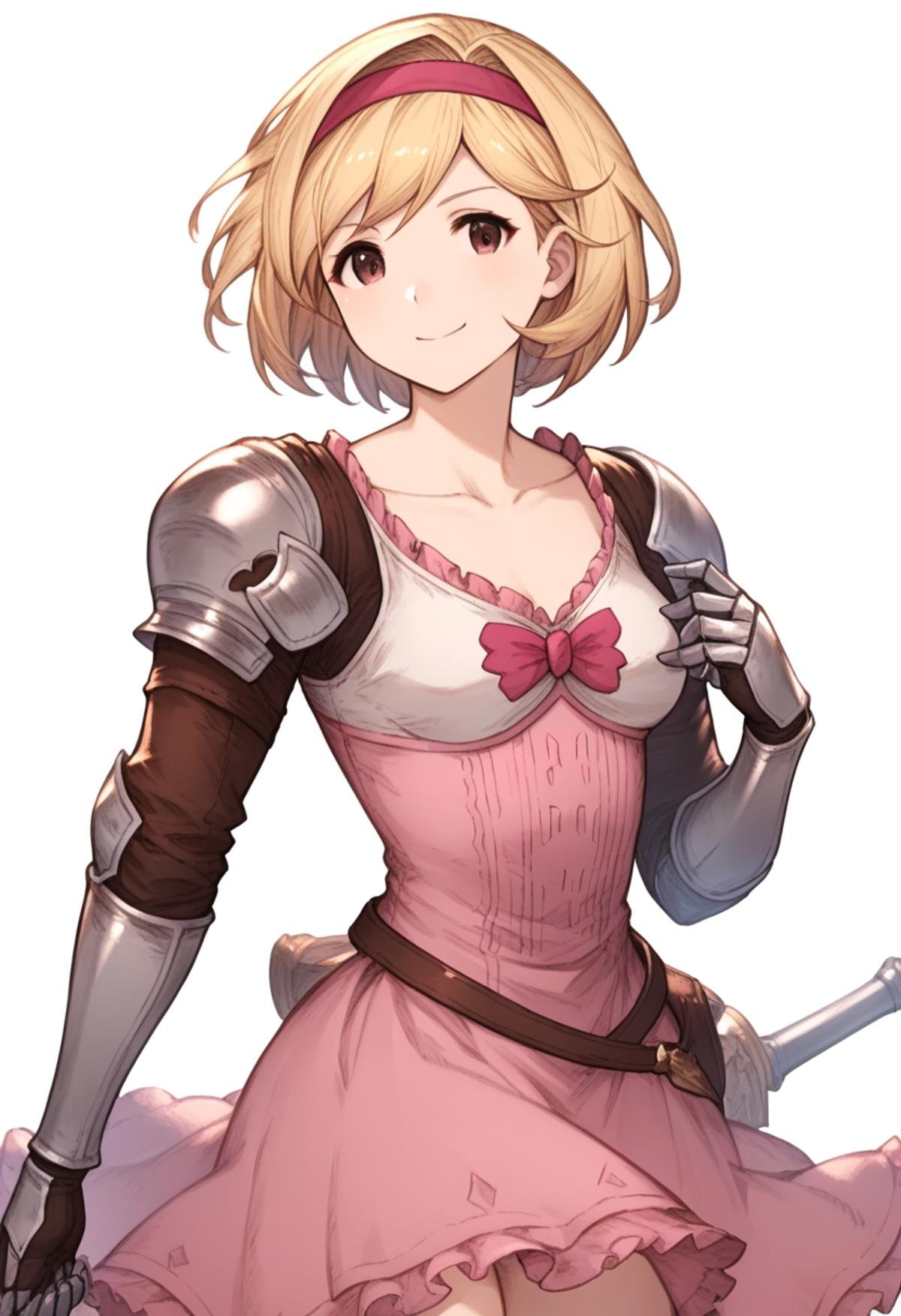 score_9,score_8_up,score_7_up,<lora:granblue_fantasy_all:1>,1girl, absurdres, blonde_hair, brown_eyes, closed_mouth, collarbone, cowboy_shot, djeeta_\(granblue_fantasy\), fighter_\(granblue_fantasy\), frilled_dress, from_side, gauntlets, hair_intakes, hairband, head_tilt, highres, looking_at_viewer, parted_hair, pauldrons, pink_dress, sheath, short_dress, short_hair, simple_background, smile, solo, steepled_fingers, underbust, white_background