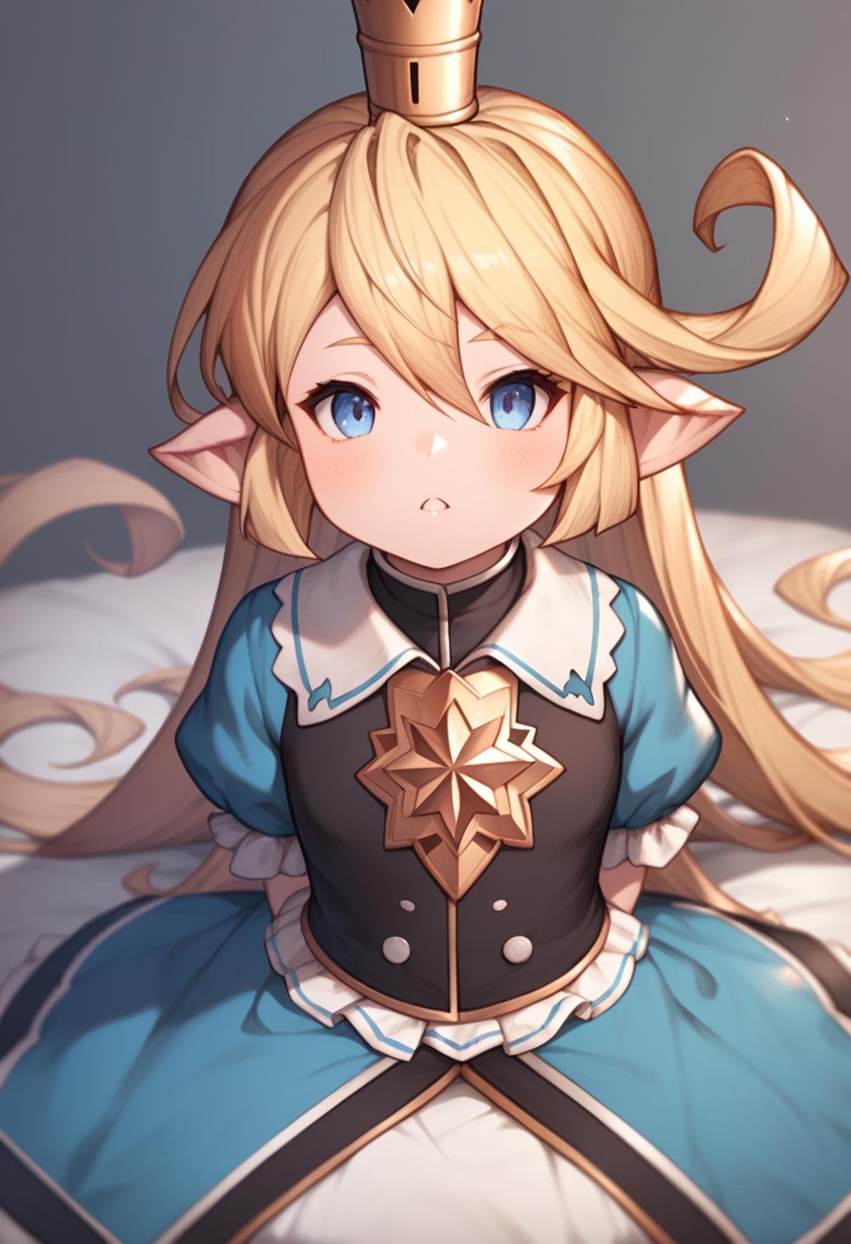 score_9,score_8_up,score_7_up,<lora:granblue_fantasy_all:1>,charlotta_\(granblue_fantasy\), 1girl, blonde_hair, pointy_ears, harvin, blue_eyes, long_hair, crown, very_long_hair, hair_between_eyes