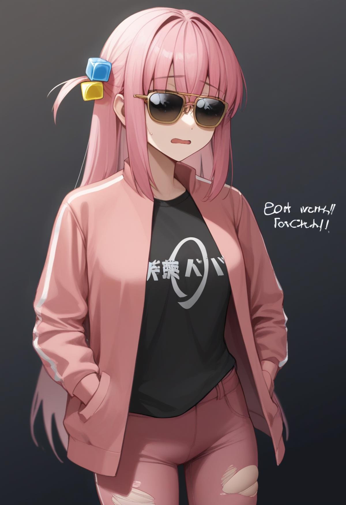 score_9,score_8_up,score_7_up,<lora:bocchi_the_rock_pony:1>,1girl,solo,cowboy_shot,standing,sunglasses,t-shirt,alternate_costume,chromatic_aberration,highres,gotoh_hitori,pink_jacket,english_text,torn_shirt,clothes_writing,commentary_request,hands_in_pockets,torn_pants,dark_background,open_mouth,open_jacket,pink_pants,torn_jacket,long_sleeves,