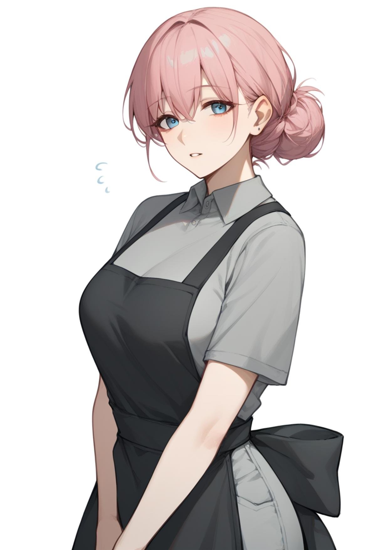 score_9,score_8_up,score_7_up,<lora:bocchi_the_rock_pony:1>,1girl, mature_female, white_background, black_apron, parted_lips, gotoh_michiyo, grey_shirt, solo, looking_at_viewer, short_sleeves, simple_background, upper_body, highres