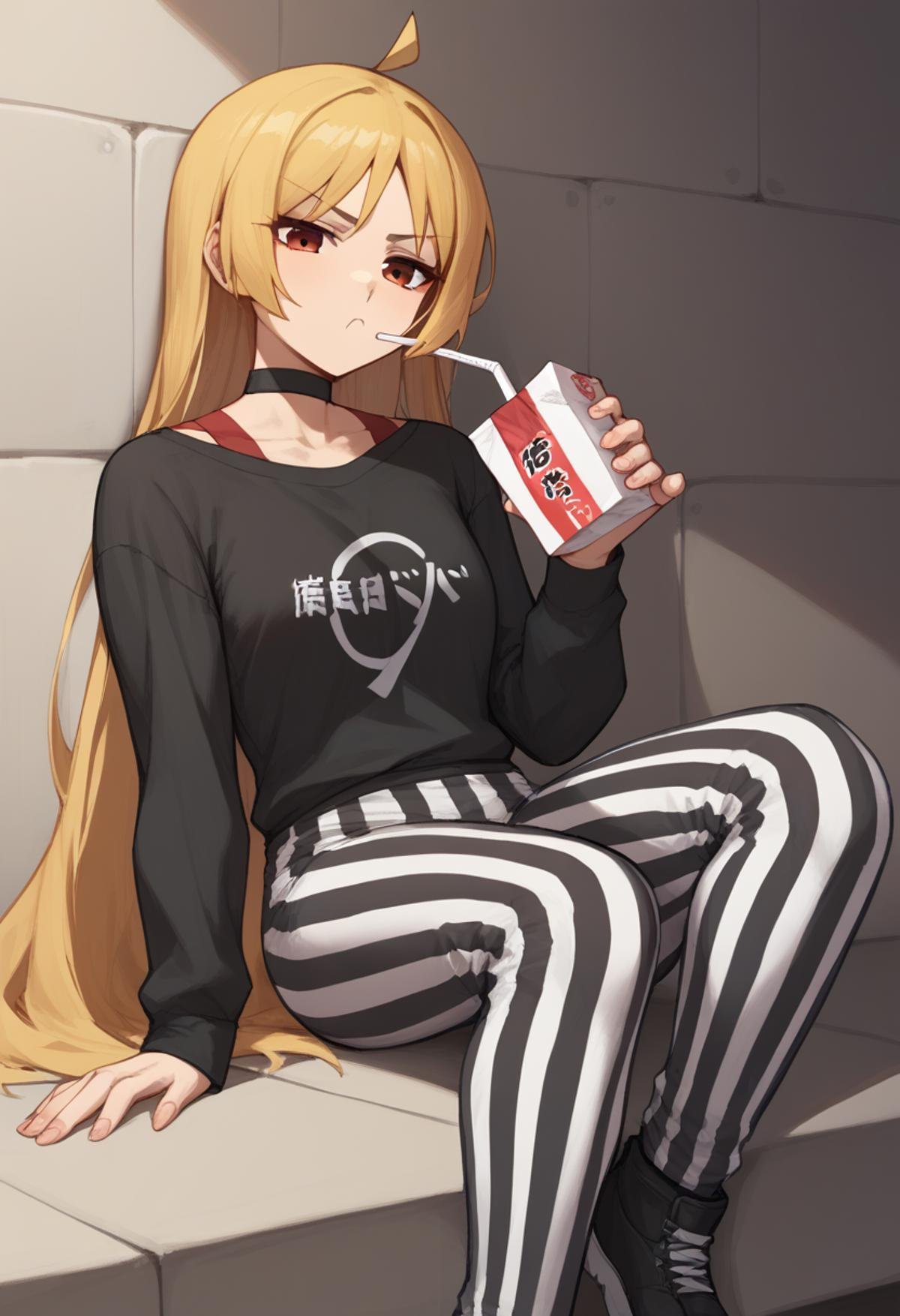 score_9,score_8_up,score_7_up,<lora:bocchi_the_rock_pony:1>,long_sleeves, translated, black_shirt, drinking_straw, ijichi_seika, 1girl, pout, commentary_request, black_choker, solo, highres, striped_clothes, sitting, striped_pants, juice_box