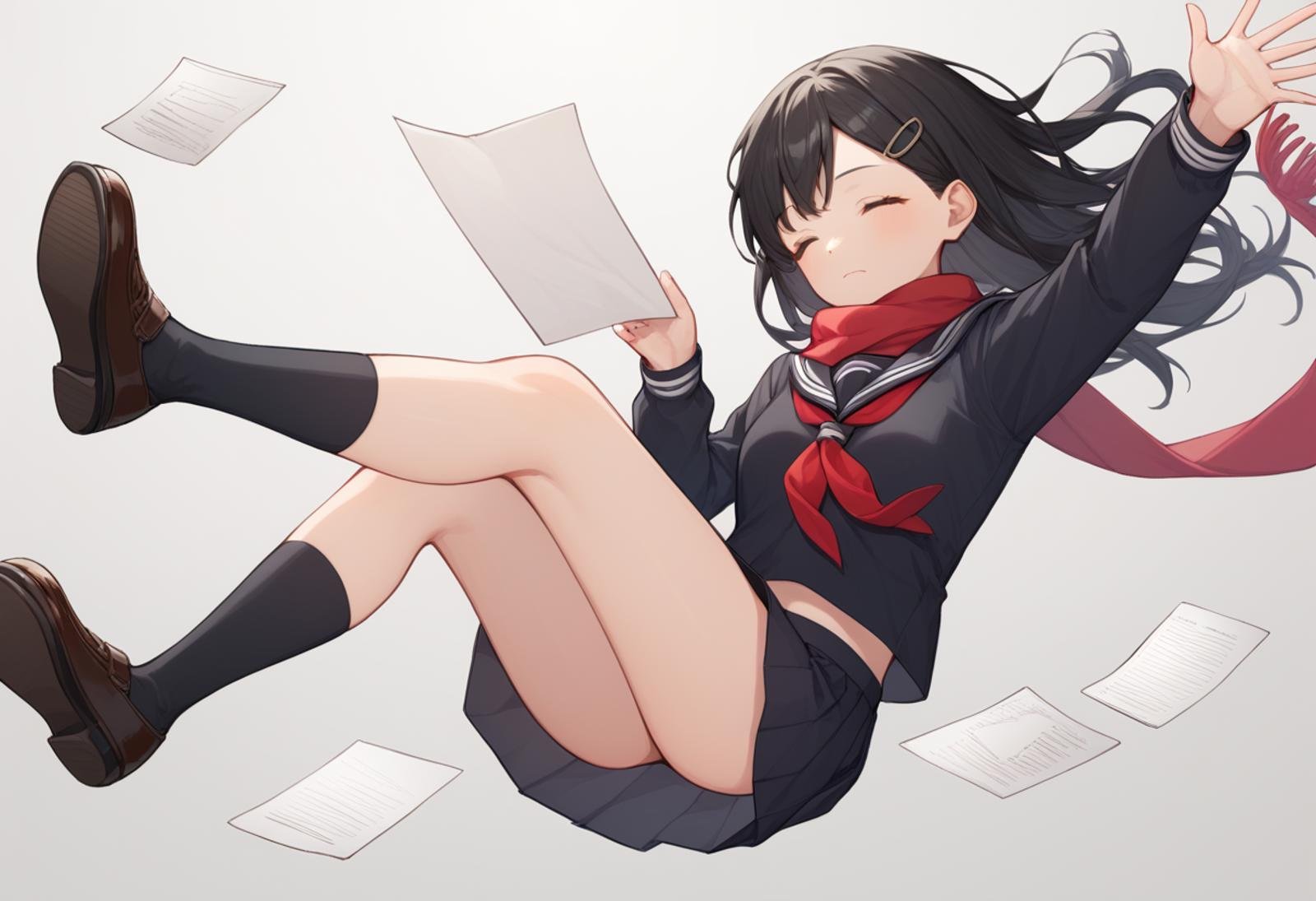 score_9,score_8_up,score_7_up,<lora:falling_pony:1>,best_falling, 1girl, tateyama ayano, solo, simple background, falling, floating, closed eyes, long hair, black hair, hair ornament, hairclip, scarf, red scarf, school uniform, serafuku, skirt, black skirt, black socks, black serafuku, shoes, socks, paper, enpera