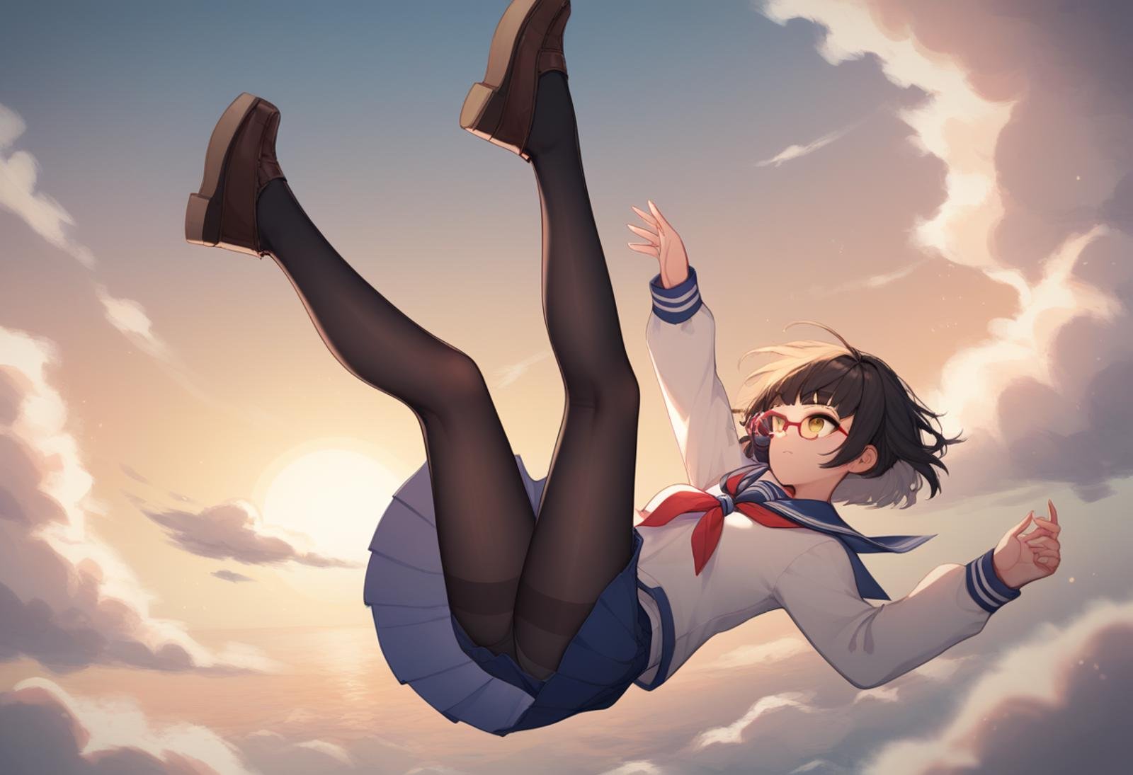 score_9,score_8_up,score_7_up,<lora:falling_pony:1>,best_falling,1girl,solo,outdoors,from side,falling,yellow eyes,glasses,red-framed eyewear,short hair,bob cut,bangs,pantyhose,skirt,school uniform,blue skirt,black pantyhose,pleated skirt,serafuku,shoes,brown footwear,long sleeves,ribbon,sailor collar,cardigan,sky,sunset,cloud,