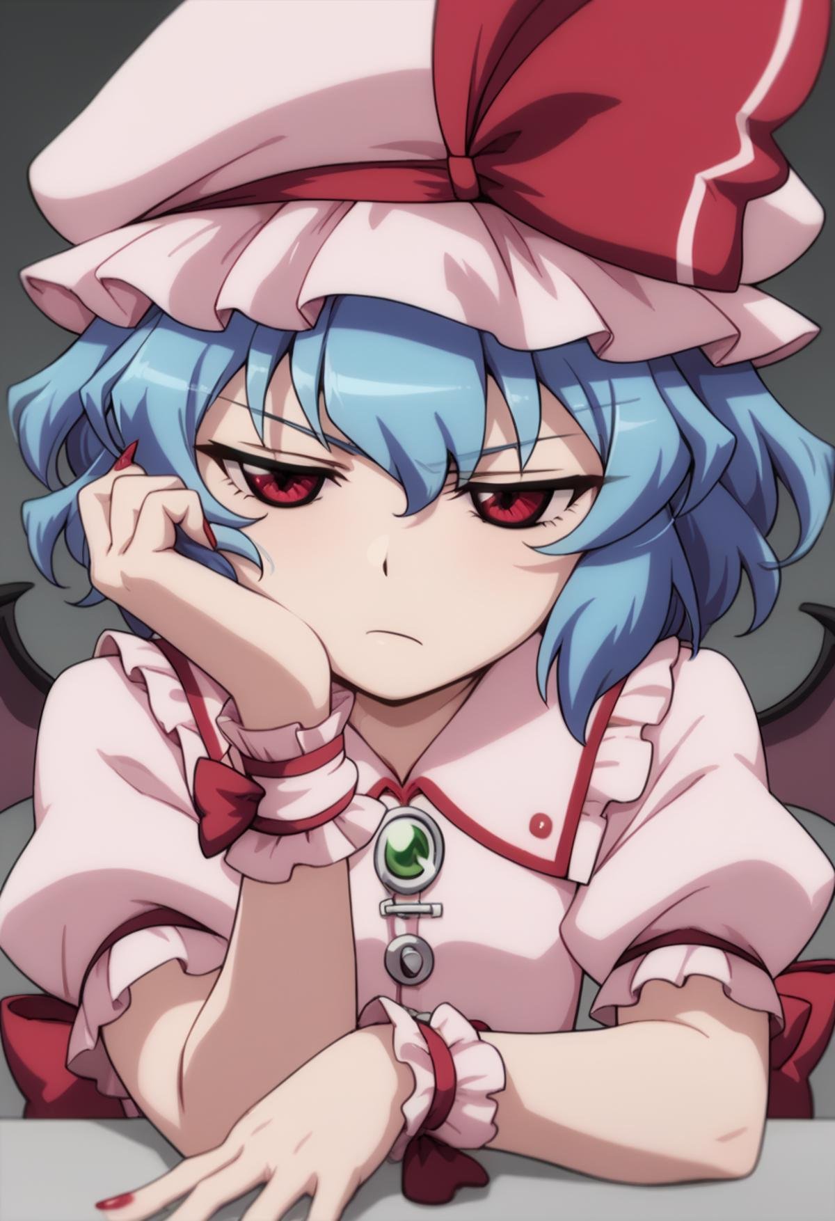 score_9,score_8_up,score_7_up,<lora:touhou_tgm:1>,anime coloring,remilia scarlet,hat,red eyes,blue hair,head rest,nail polish,red nails,1girl,short hair,parody,solo,wings,wrist cuffs,mob cap,hat ribbon,ribbon,style parody,2girls,close-up,bat wings,multiple girls,bow,bored,fingernails,closed mouth,