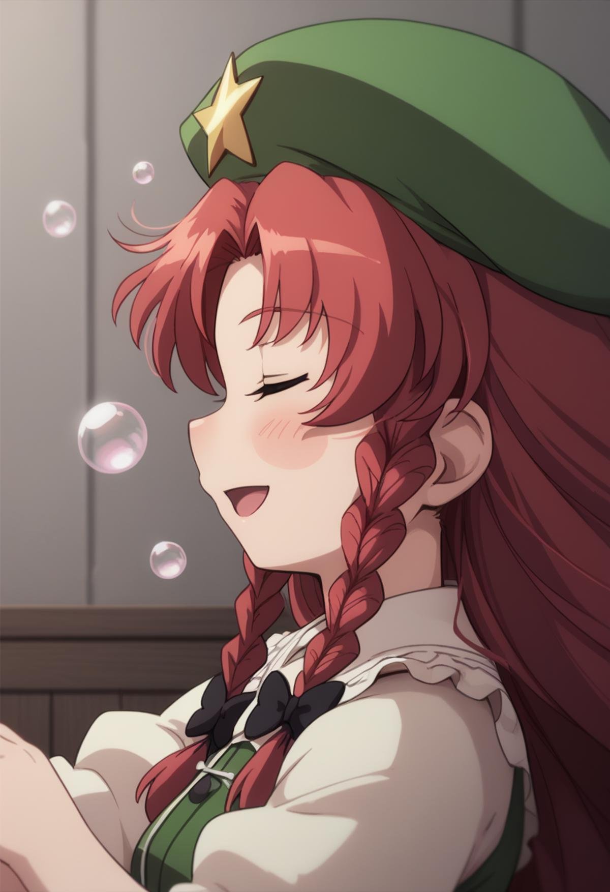 score_9,score_8_up,score_7_up,<lora:touhou_tgm:1>,anime coloring,1girl,hong meiling,braid,nose bubble,solo,red hair,hat,open mouth,closed eyes,long hair,star (symbol),twin braids,sleeping,smile,beret,star hat ornament,bow,parody,blush stickers,profile,hat ornament,hair bow,bubble,:d,ribbon,sleeping upright,blush,