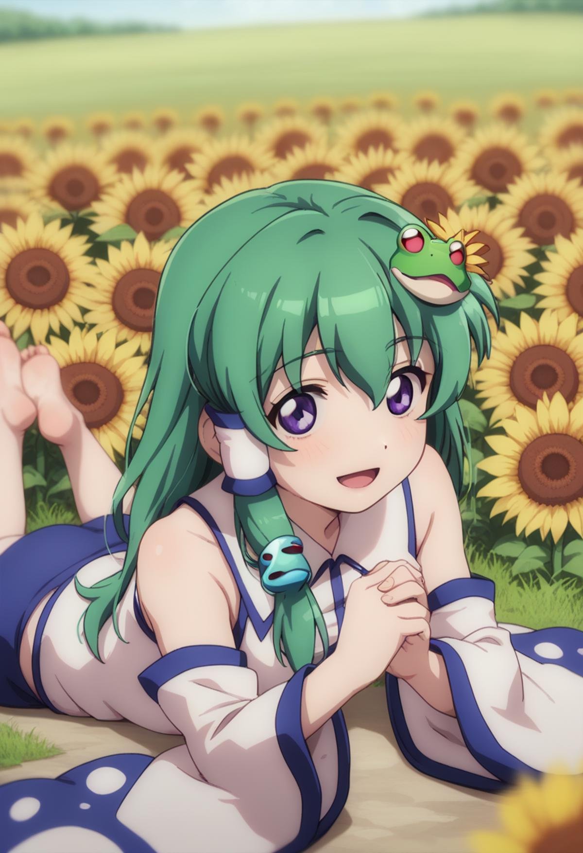 score_9,score_8_up,score_7_up,<lora:touhou_tgm:1>,anime coloring, 1girl, kochiya sanae, green hair, flower, solo, hair ornament, detached sleeves, on stomach, long hair, lying, gohei, open mouth, frog hair ornament, smile, blue eyes, snake hair ornament, hair tubes, skirt, purple eyes, blue skirt, looking at viewer, grass, blurry, wide sleeves, depth of field, :d, long sleeves, sunflower, shirt