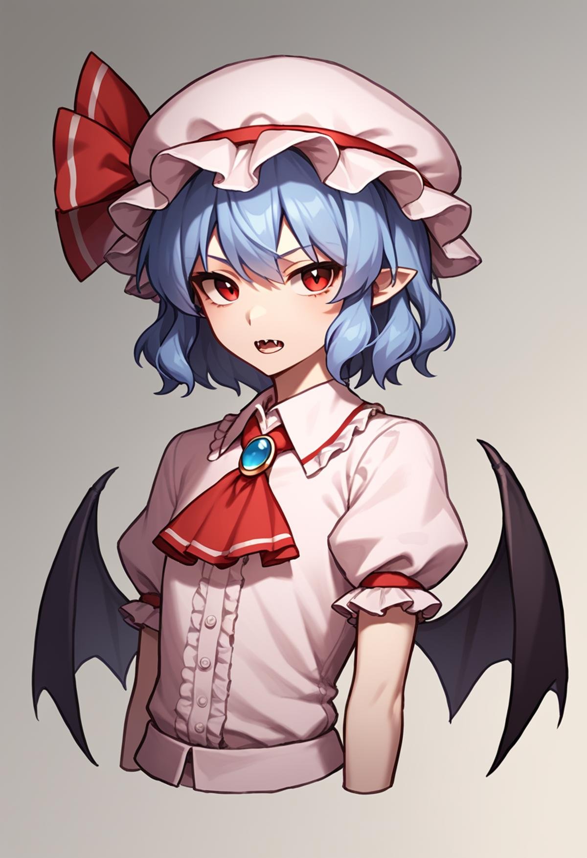 score_9,score_8_up,score_7_up,<lora:Touhou_pony:1>,1girl, remilia_scarlet, touhou, bat_wings, mob_cap, red_ribbon, hat_ribbon, red_ascot, puffy_short_sleeves, pink_hat, collared_shirt