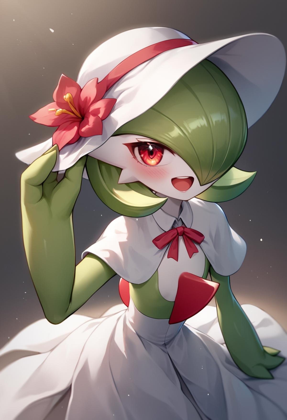 score_9, score_8_up, score_7_up,  <lora:gardevoir:1>，1girl, adjusting_headwear, arm_up, blush, bob_cut, bonnet, clothed_pokemon, commentary_request, flat_chest, gardevoir_\(fashionable\), green_hair, green_skin, hair_over_one_eye, happy, hat_flower, heart, highres, looking_at_viewer, one_eye_covered, open_mouth, partial_commentary, red_eyes, red_flower, red_trim, short_hair, smile, solo, two-tone_skin, white_capelet, white_hat, white_skin