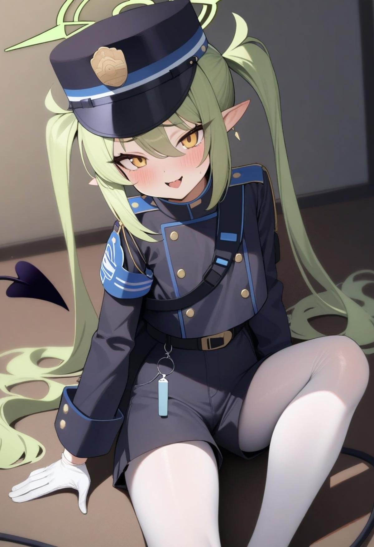 masterpiece,best quality,very aesthetic,absurdres,<lora:highlander_xl:1>,1girl, highres, pointy_ears, peaked_cap, long_sleeves, white_gloves, white_pantyhose, black_hat, highlander_twintails_conductor_\(blue_archive\), green_halo, demon_tail