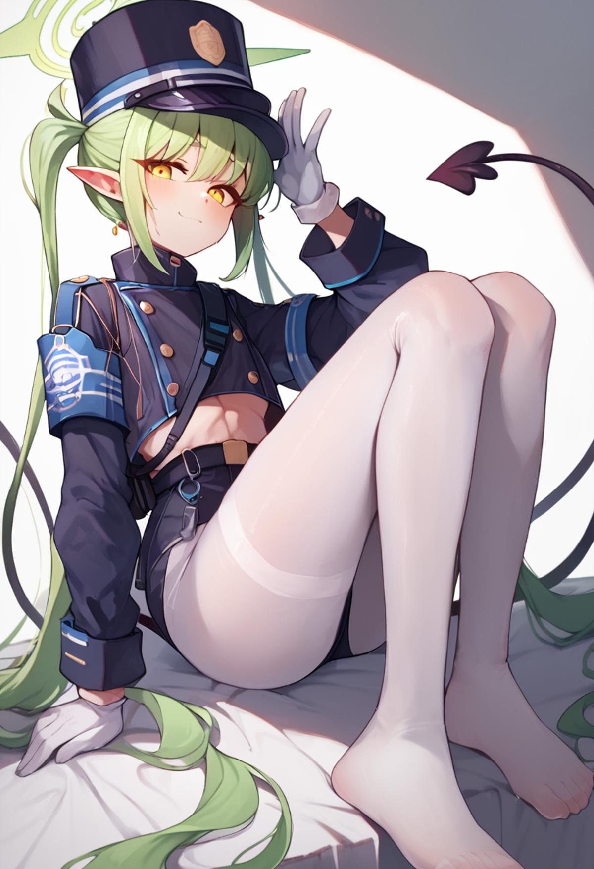 score_9, score_8_up, score_7_up,  <lora:highlander_pony:1>，1girl, highres, pointy_ears, peaked_cap, long_sleeves, white_gloves, white_pantyhose, black_hat, highlander_twintails_conductor_\(blue_archive\), green_halo, demon_tail