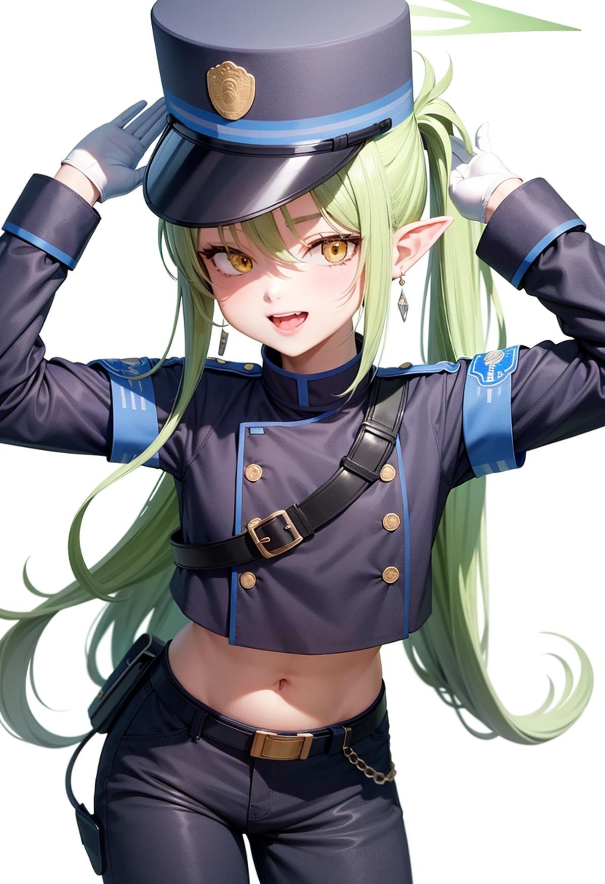 (masterpiece, best quality:1.3),<lora:highlander15_v2:1>,highlander_twintails_conductor_\(blue_archive\), green_halo, black_shirt, white_gloves, navel, 1girl, black_tail, highres, absurdres, pointy_ears, demon_tail, long_sleeves, blush, simple_background, fang, white_pantyhose, white_background, open_mouth, peaked_cap, cowboy_shot, black_hat, black_shorts, smile, solo