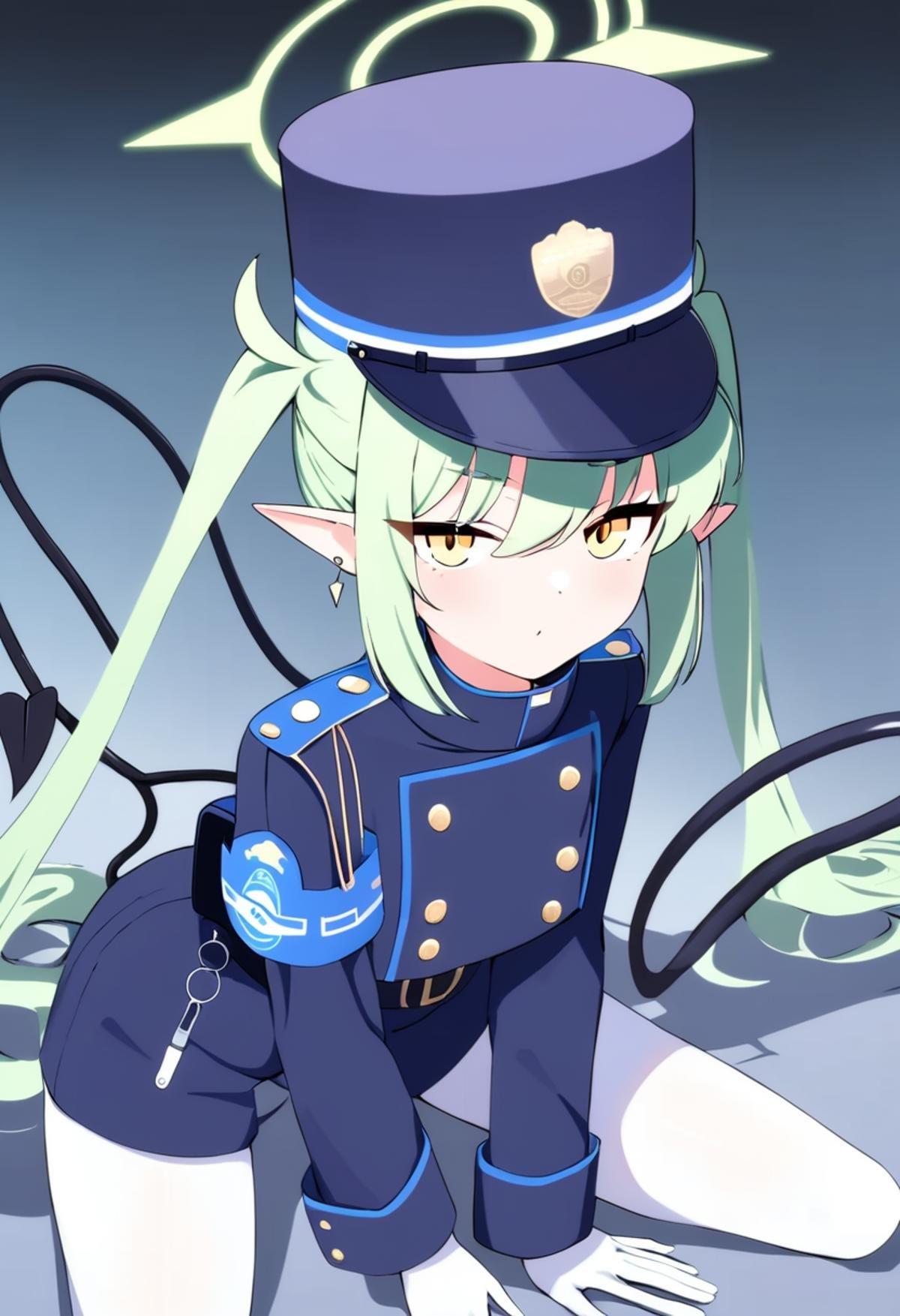 masterpiece,best quality,very aesthetic,absurdres, <lora:highlander_delta:1>,1girl, highres, pointy_ears, peaked_cap, long_sleeves, white_gloves, white_pantyhose, black_hat, highlander_twintails_conductor_\(blue_archive\), green_halo, demon_tail