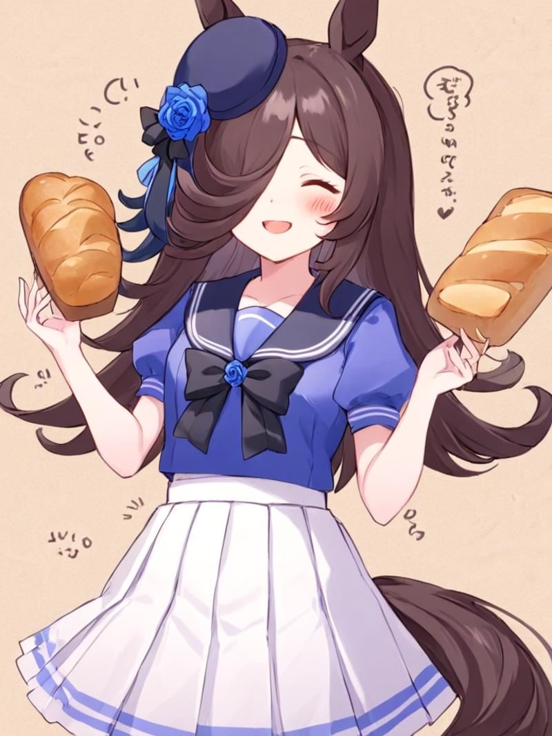 <lora:米浴:1>,1girl, solo, animal_ears, rice_shower_\(umamusume\), puffy_sleeves, closed_mouth, food, short_sleeves, puffy_short_sleeves, hair_over_one_eye, closed_eyes, long_hair, shirt, smile, horse_ears, school_uniform, ^_^, skirt, holding, bow, hat_flower, tracen_school_uniform, white_skirt, hat, pleated_skirt, summer_uniform, rose, very_long_hair, flower, facing_viewer, bangs, blue_flower, holding_food, blue_rose, tilted_headwear, black_bow, brown_hair, black_hair, black_headwear, purple_shirt, blush_stickers, tail, horse_girl, blush, blue_shirt, bread, sailor_collar, paper_bag, bowtie