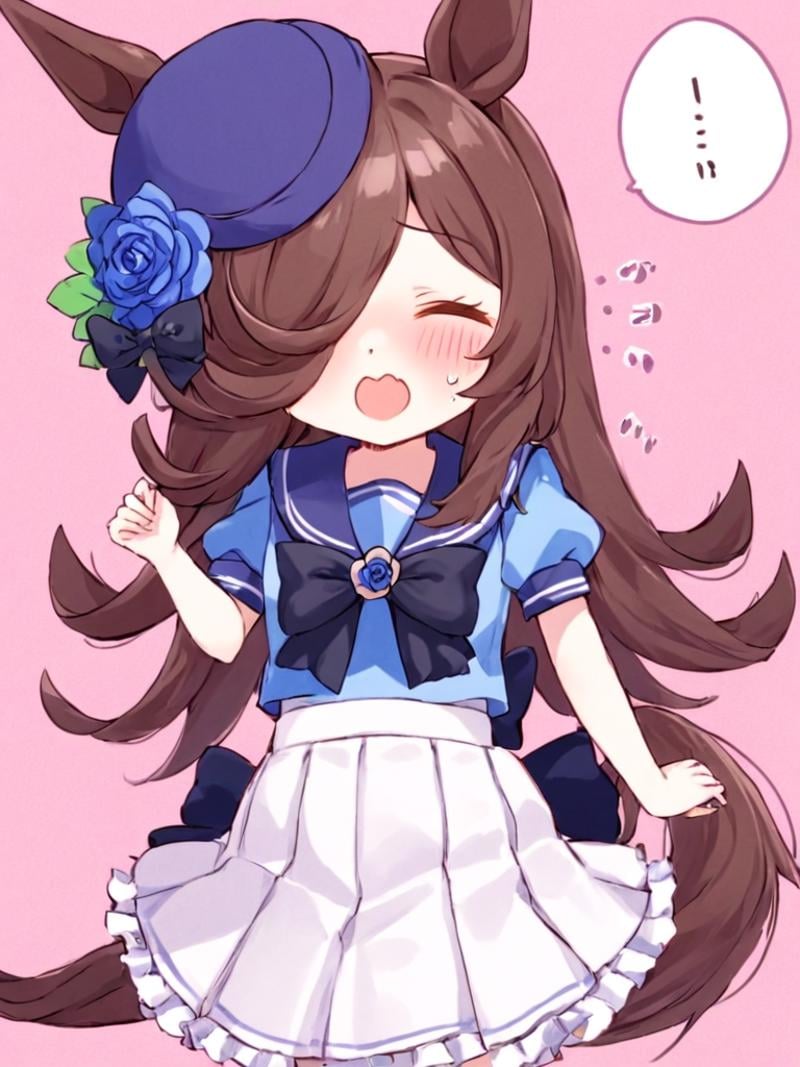 <lora:米浴:1>,1girl,solo,rice_shower_\(umamusume\),hair_over_one_eye,animal_ears,skirt,white_skirt,blush,long_hair,blue_flower,flying_sweatdrops,pleated_skirt,horse_ears,shirt,flower,blue_rose,short_sleeves,school_uniform,puffy_sleeves,puffy_short_sleeves,tracen_school_uniform,purple_shirt,hat,hat_flower,bow,blue_headwear,rose,wavy_mouth,facing_viewer,nose_blush,open_mouth,brown_hair,closed_eyes,emphasis_lines,pink_background,frilled_skirt,horse_girl,bangs,chibi,very_long_hair,frills,bowtie,miniskirt,tail,purple_bow,sailor_shirt,blue_shirt,horse_tail,black_bow,sailor_collar,