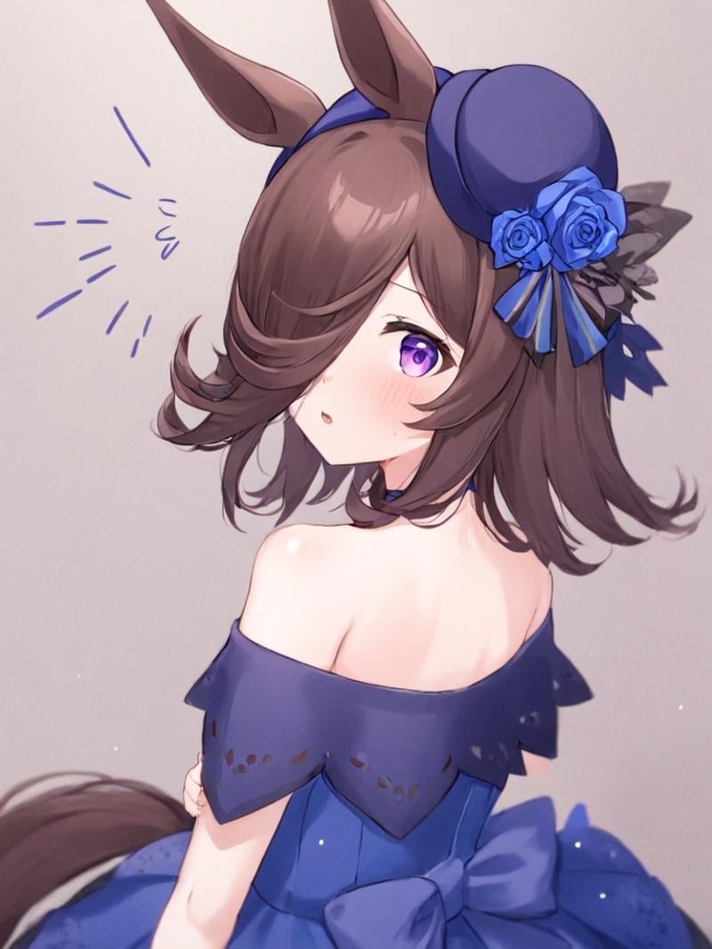 <lora:米浴:1>,1girl,rice_shower_\(umamusume\),solo,animal_ears,blue_flower,blue_rose,horse_ears,purple_eyes,hair_over_one_eye,off-shoulder_dress,hat,rose,hat_flower,tilted_headwear,brown_hair,horse_girl,bangs,blue_dress,black_hair,