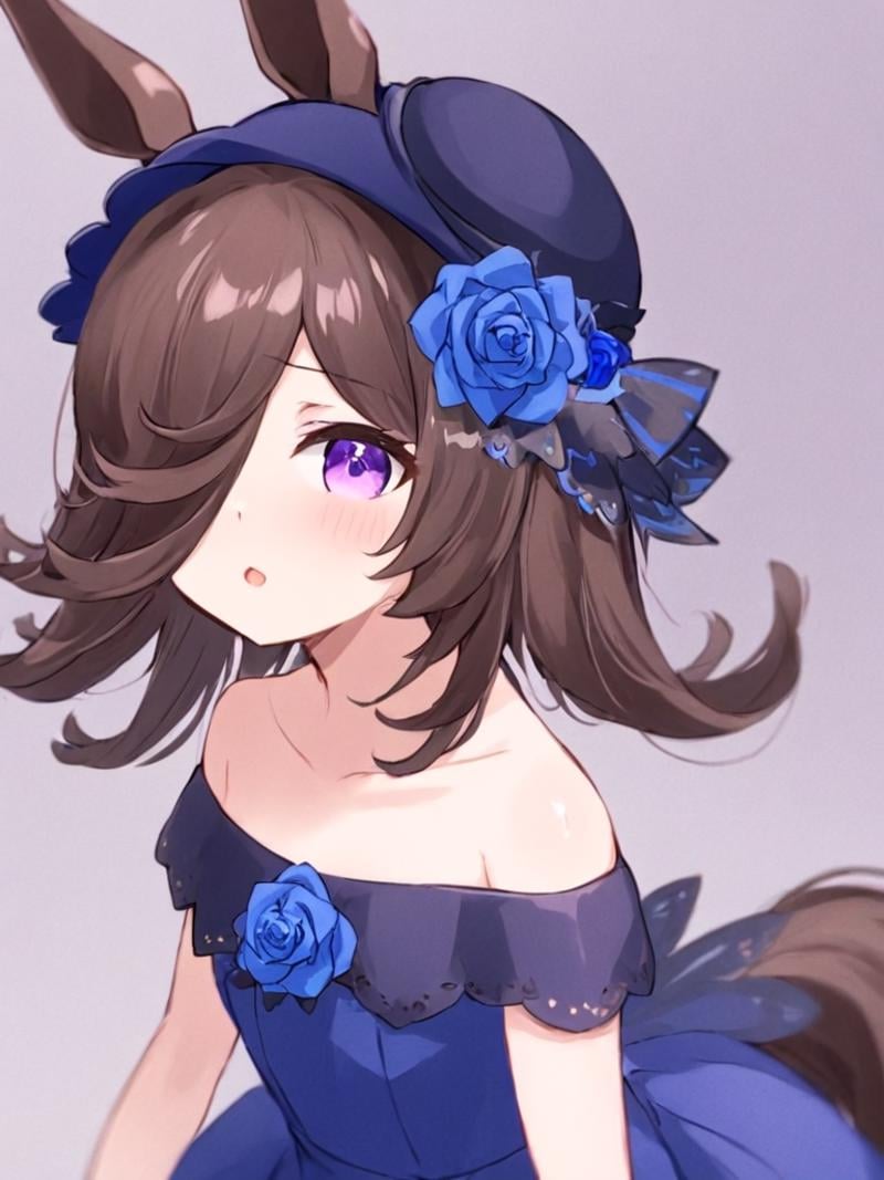 <lora:米浴:1>,1girl,rice_shower_\(umamusume\),solo,animal_ears,blue_flower,blue_rose,horse_ears,purple_eyes,hair_over_one_eye,off-shoulder_dress,hat,rose,hat_flower,tilted_headwear,brown_hair,horse_girl,bangs,blue_dress,black_hair,