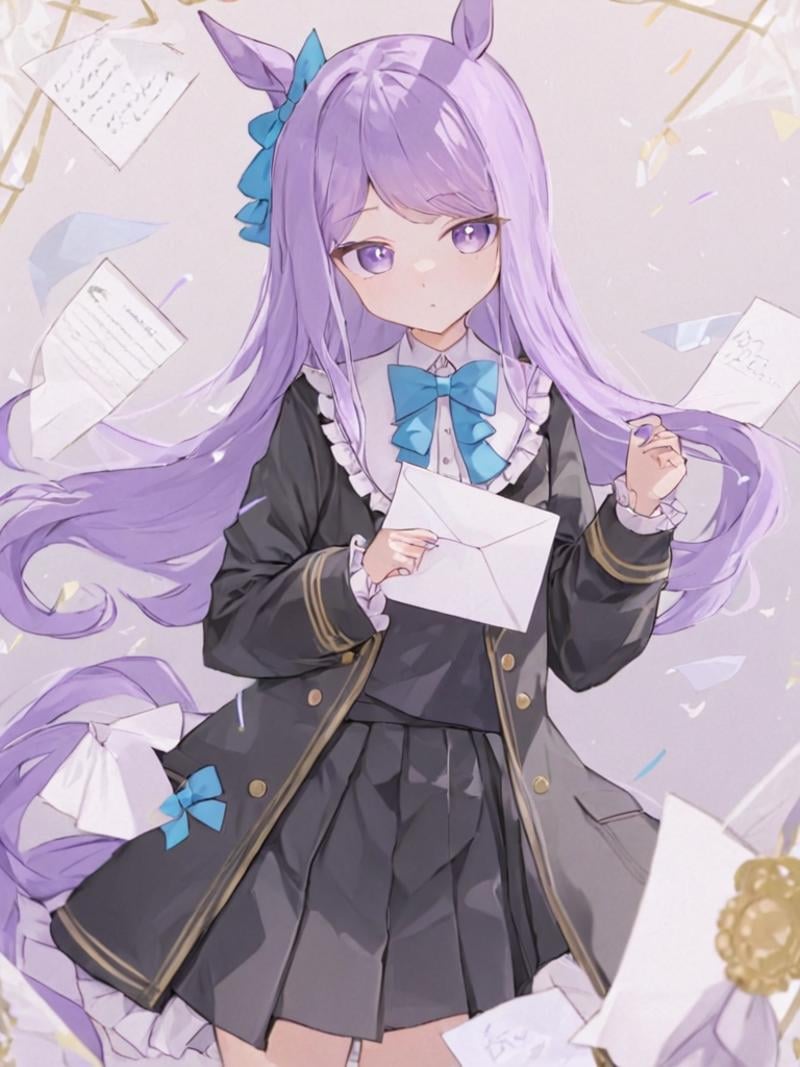 <lora:目白麦昆:1>,1girl,solo,long_hair,animal_ears,horse_ears,purple_hair,skirt,purple_eyes,bow,long_sleeves,black_skirt,black_coat,horse_girl,coat,bowtie,pleated_skirt,bangs,holding_envelope,letter,holding_letter,ribbon,ear_ribbon,frills,blue_bow,