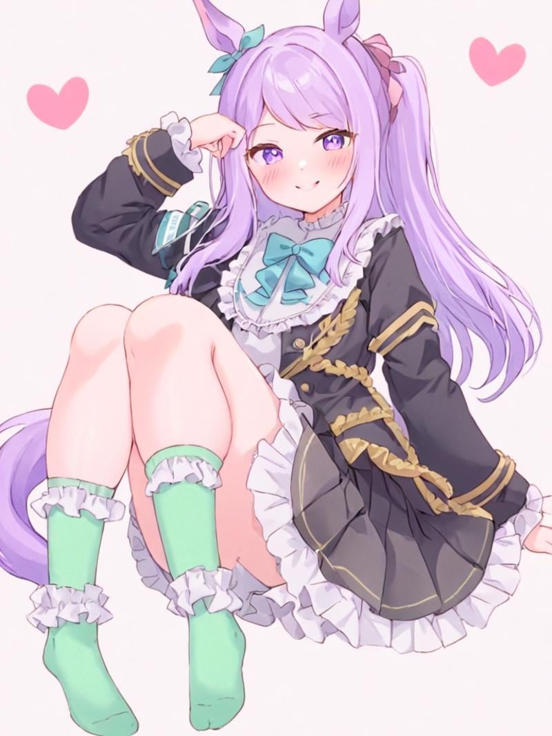 <lora:目白麦昆:1>,1girl, solo, mejiro_mcqueen_\(umamusume\), white_background, long_hair, animal_ears, horse_ears, purple_hair, tail, purple_eyes, simple_background, heart, horse_girl, horse_tail, smile, bow, socks, looking_at_viewer, blush, skirt, bangs, long_sleeves, kneehighs, ribbon, jacket, black_skirt, closed_mouth, frills, green_socks, pleated_skirt, black_jacket, sitting, armband, frilled_sleeves, knee_up, swept_bangs, hand_up