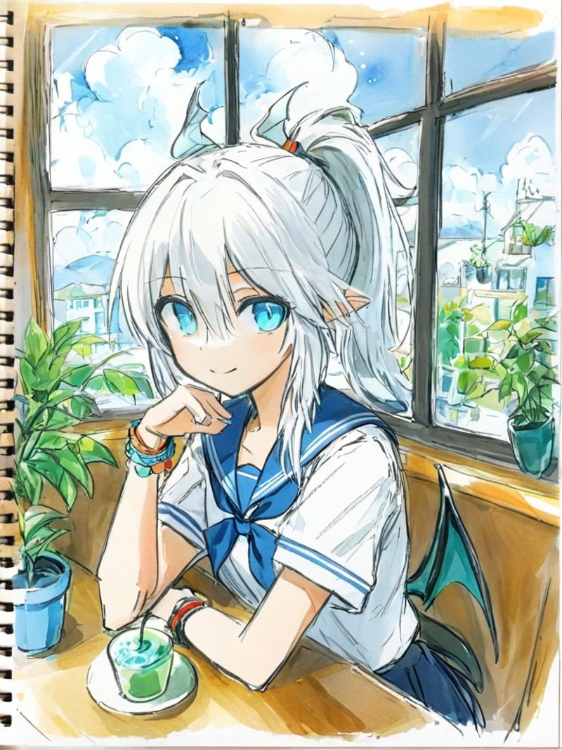 <lora:caogao:1>,sketch,1girl, dragon wings, dragon horns, dragon tail, solo, horns, blue eyes, looking at viewer, cup, wings, indoors, short sleeves, sitting, bracelet, long hair, shirt, white shirt, pointy ears, bangs, ponytail, plant, window, jewelry, closed mouth, dragon horns, cafe, day, disposable cup, potted plant, white hair, serafuku, cloud, hair between eyes, sky, sailor collar, blush, dragon girl, school uniform, table, scenery, demon wings, sidelocks, upper body, looking to the side, smile BREAK A dragon girl with white hair and blue eyes sits alone in a cozy cafe. She has pointy ears, dragon horns, and demon wings folded behind her. Wearing a white serafuku with a sailor collar, she smiles softly while looking to the side, as if lost in thought. Her long hair is tied in a ponytail, with bangs neatly framing her face and sidelocks hanging down. She holds a disposable cup in her hand, and a potted plant decorates the table. The window behind her reveals a cloudy sky, and her various pieces of jewelry, including a bracelet, glint subtly in the daylight.