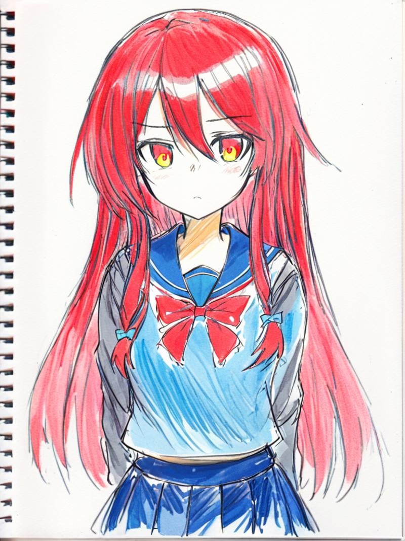 <lora:caogao:1>,sketch,1girl,solo,eyebrows visible through hair,bright pupils,hair between eyes,long hair,multicolored hair,serafuku,bowtie,blue sailor collar,blue skirt,red bow,long sleeves,looking at viewer,parted lips,red bowtie,sailor collar,simple background,