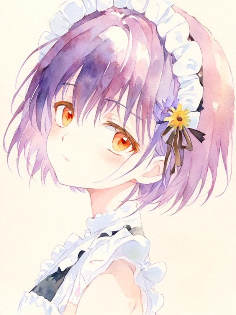 <lora:shuicai:1>,watercolor (medium),1girl,solo,short hair,flower,purple hair,maid,maid headdress,ribbon,orange eyes,red eyes,hair ribbon,brown eyes,upper body,