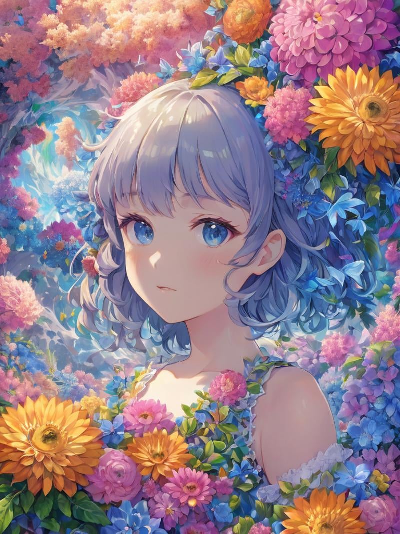 (Best quality), (masterpiece), (an extremely detailed beautiful), 2D, anime, upper bodyanime, (masterpiece, top quality, best quality, official art, beautiful and aesthetic:1.2), (1girl), upper body, extreme detailed, (fractal art:1.3), colorful, flowers , highest detailed