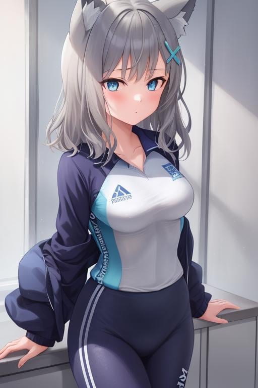 ,1girl,shiroko (blue archive),hair ornament,extra ears, medium hair,blue eyes, grey hair, cat ears, <lora:baizi_new_old:0.9>，(baizi_sportclothes), masterpiece, best quality,