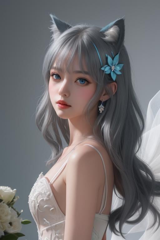 upper body，extremely detailed CG unity 8k wallpaper,masterpiece, best quality, ultra-detailed), (best illumination, best shadow, an extremely delicate and beautiful), dynamic angle, floating, finely detail, Depth of field (bloom), (shine), glinting stars, classic, (illustration), (painting), (sketch),，1girl,shiroko (blue archive),hair ornament,extra ears, medium hair,blue eyes, grey hair, cat ears, <lora:baizi_new_old:1>，hair ornament，wedding_dress，, masterpiece, best quality,