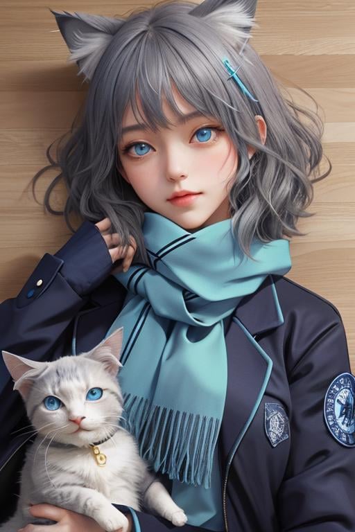 <lora:baizi_new:0.8>,upper body，1girl,shiroko (blue archive),hair ornament,extra ears, medium hair,blue eyes, blue scarf,black jacket,blue jacket, open clothes, grey hair, cat ears,lying ,charming,, masterpiece, best quality,