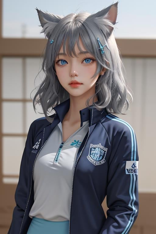 <lora:baizi_new:0.8>,upper body，1girl,shiroko (blue archive),hair ornament,extra ears, medium hair,blue eyes, grey hair, cat ears,charming,side face,(baizi_sportclothes), masterpiece, best quality,