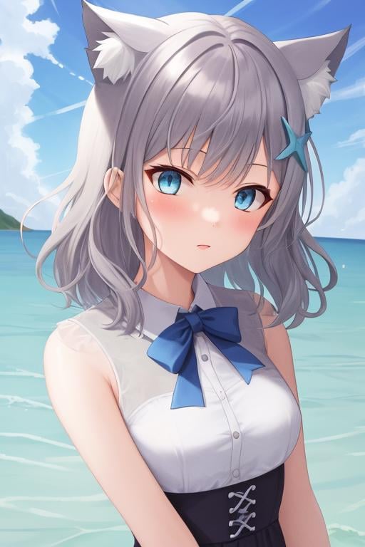 halo,1girl,shiroko (blue archive),hair ornament,extra ears, medium hair,blue eyes, grey hair, cat ears, <lora:baizi_new_old:0.8>，starfish，water，upper body, masterpiece, best quality,