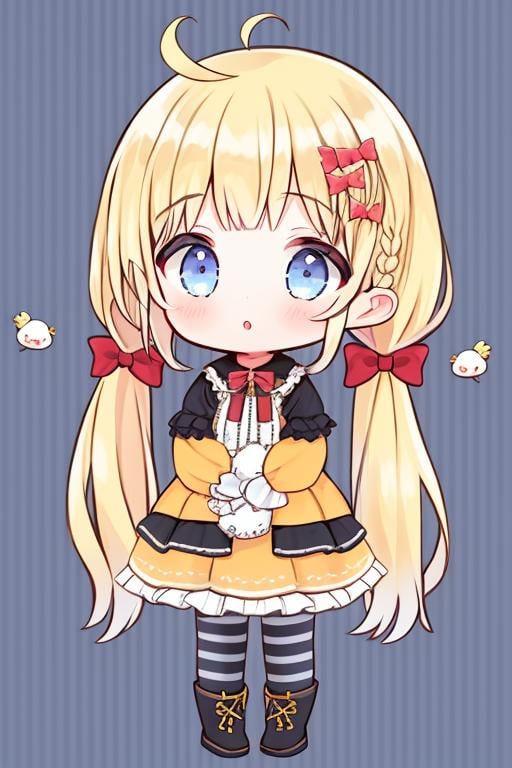 <lora:fruitsrabbit:0.8>,1girl, blonde hair, blue eyes, braid, parted lips, dress, long hair, pantyhose, solo, bow, striped, long sleeves, hair bow, blush, hair ornament, ahoge, chibi, looking at viewer, red bow, twintails, very long hair, floral background, :o, striped pantyhose, orange dress, vertical-striped pantyhose, boots, frills, bangs, white background, yellow dress, low twintails, vertical stripes, full body, black pantyhose, frilled dress, two-tone background, virtual youtuber, bird, flower, masterpiece, best quality,