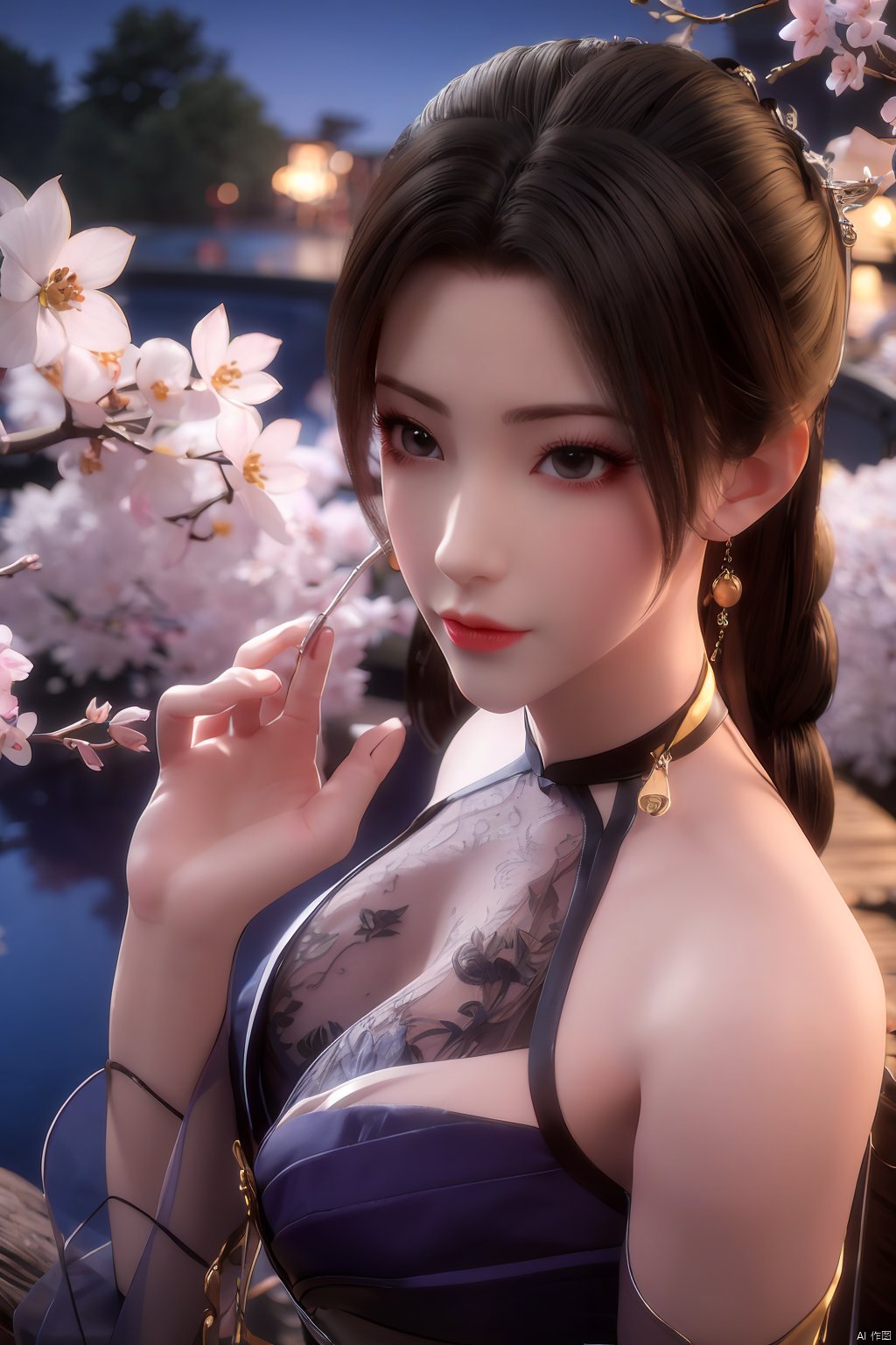  Upper body, panoramic view, exploring cherry blossom branches, fairyland, light blue elements, night, side light shining on the face,Xlujiejie,Xyunxi, Xlongnv, Yunxiao_Fairy,Xtianhu