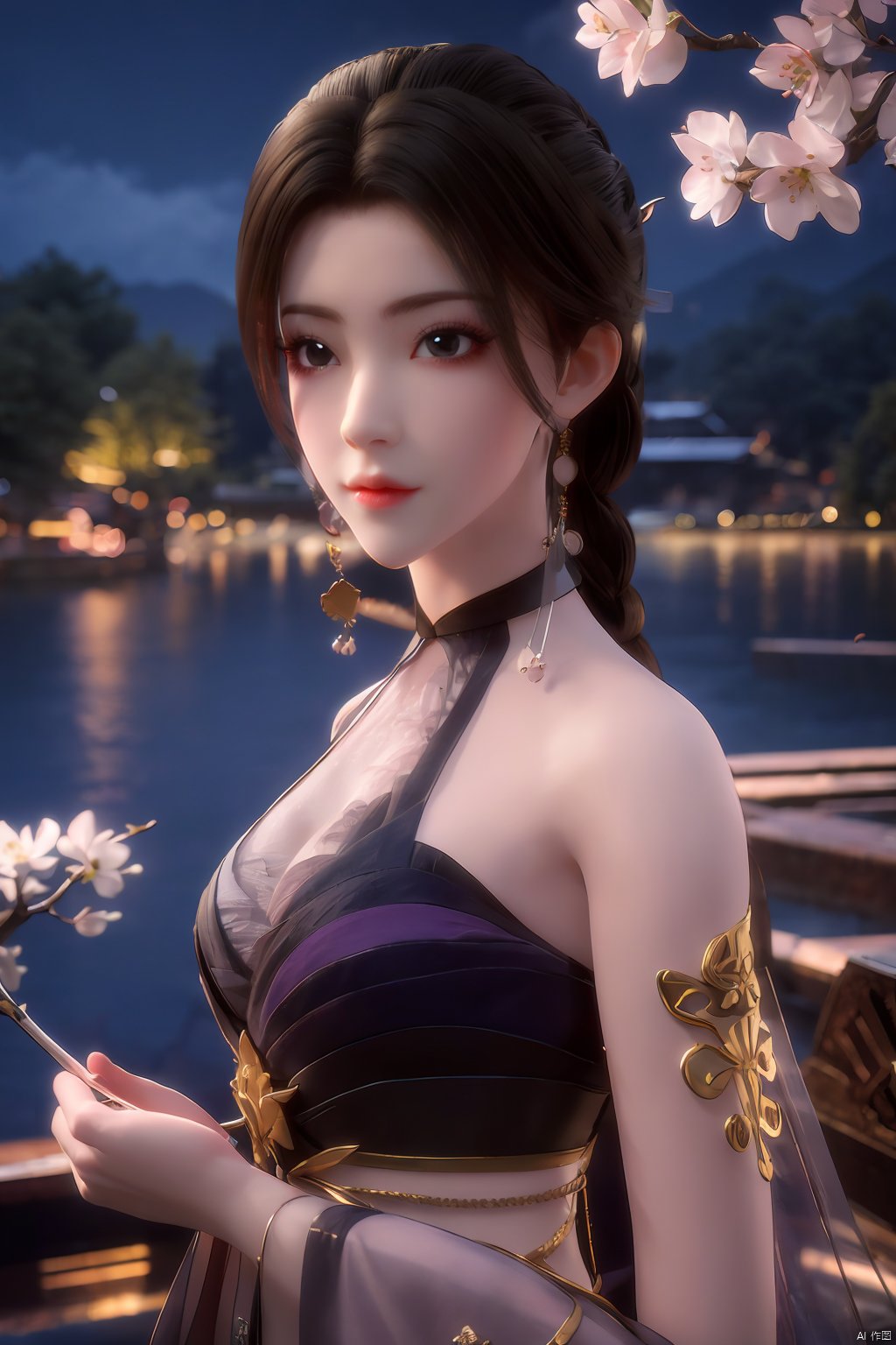  Upper body, panoramic view, exploring cherry blossom branches, fairyland, light blue elements, night, side light shining on the face,Xlujiejie,Xyunxi, Xlongnv, Yunxiao_Fairy,Xtianhu